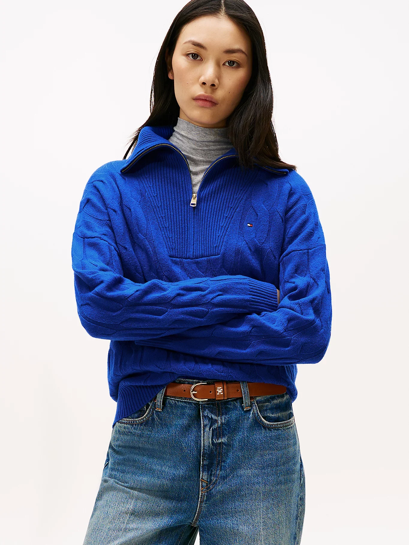 Tommy Hilfiger Yumuşak Yün Saç Örgülü Yarım Fermuarlı Uzun Kollu Kadın Mavi Kazak WW0WW46425C65