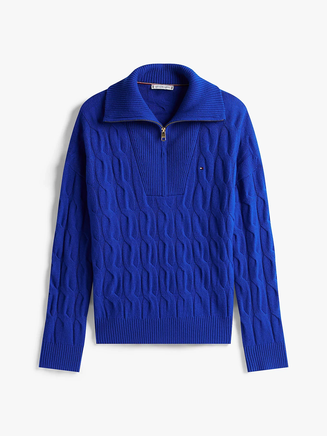 Tommy Hilfiger Yumuşak Yün Saç Örgülü Yarım Fermuarlı Uzun Kollu Kadın Mavi Kazak WW0WW46425C65