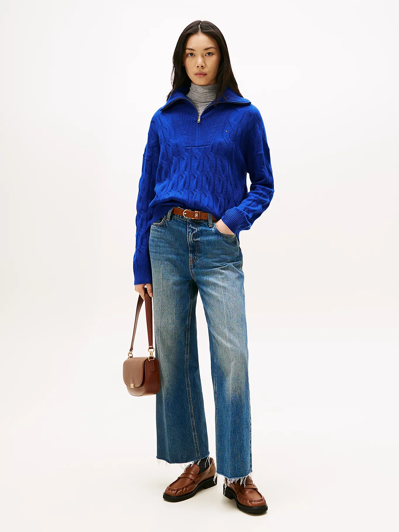 Tommy Hilfiger Yumuşak Yün Saç Örgülü Yarım Fermuarlı Uzun Kollu Kadın Mavi Kazak WW0WW46425C65