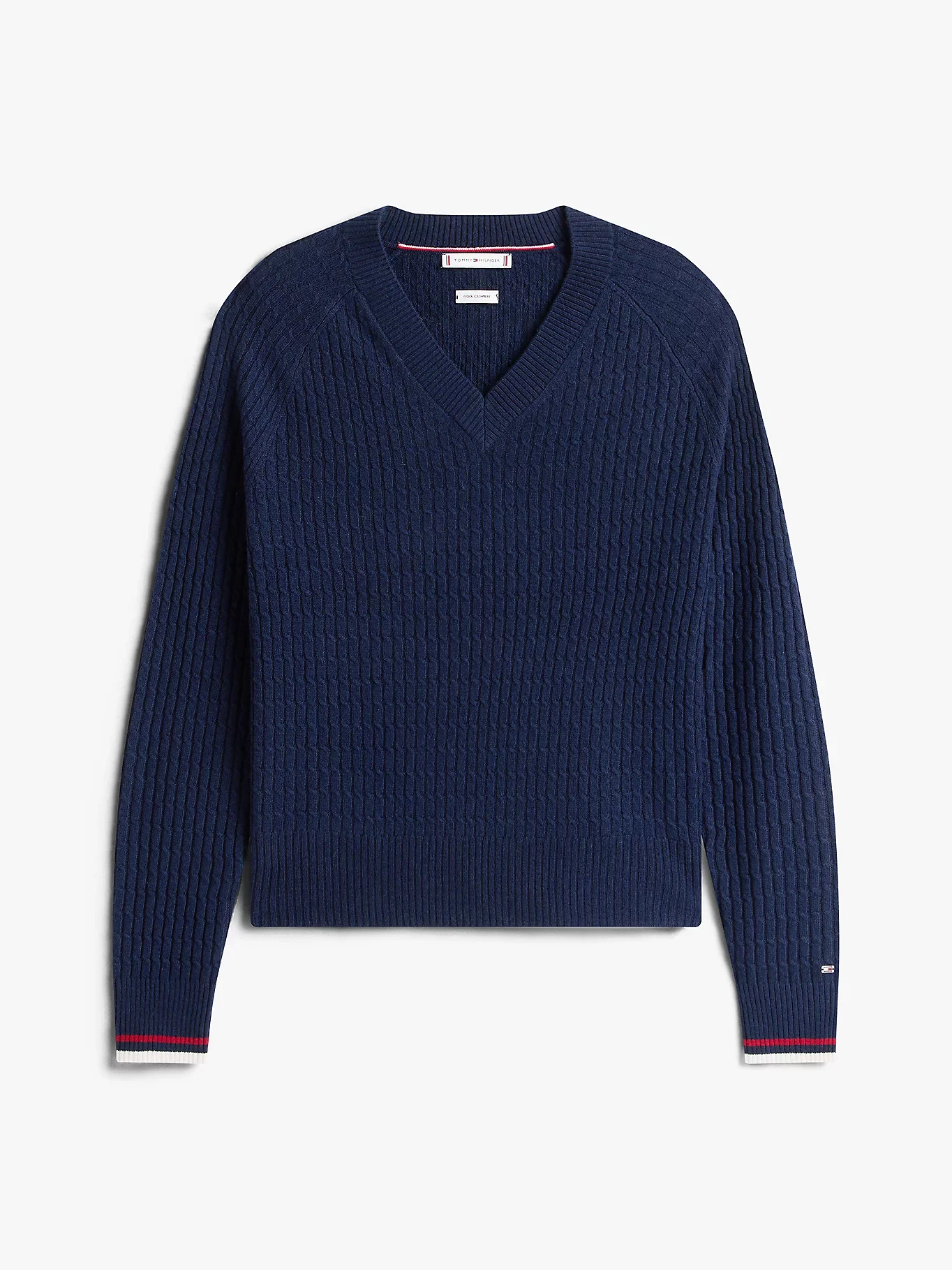 Tommy Hilfiger Yün Kaşmir Karışımlı Saç Örgülü V Yaka Uzun Kollu Kadın Mavi Kazak WW0WW464170Z0