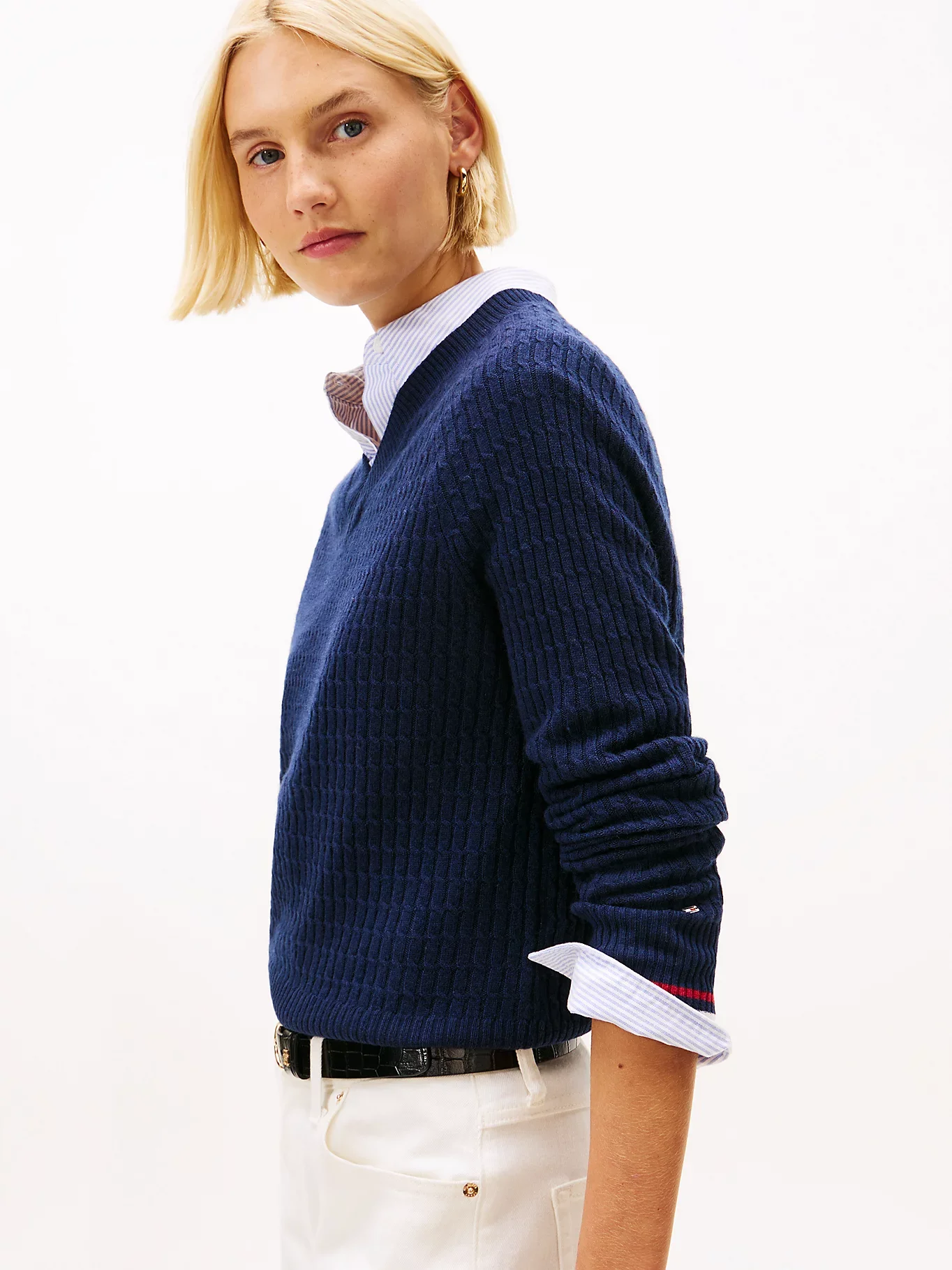 Tommy Hilfiger Yün Kaşmir Karışımlı Saç Örgülü V Yaka Uzun Kollu Kadın Mavi Kazak WW0WW464170Z0