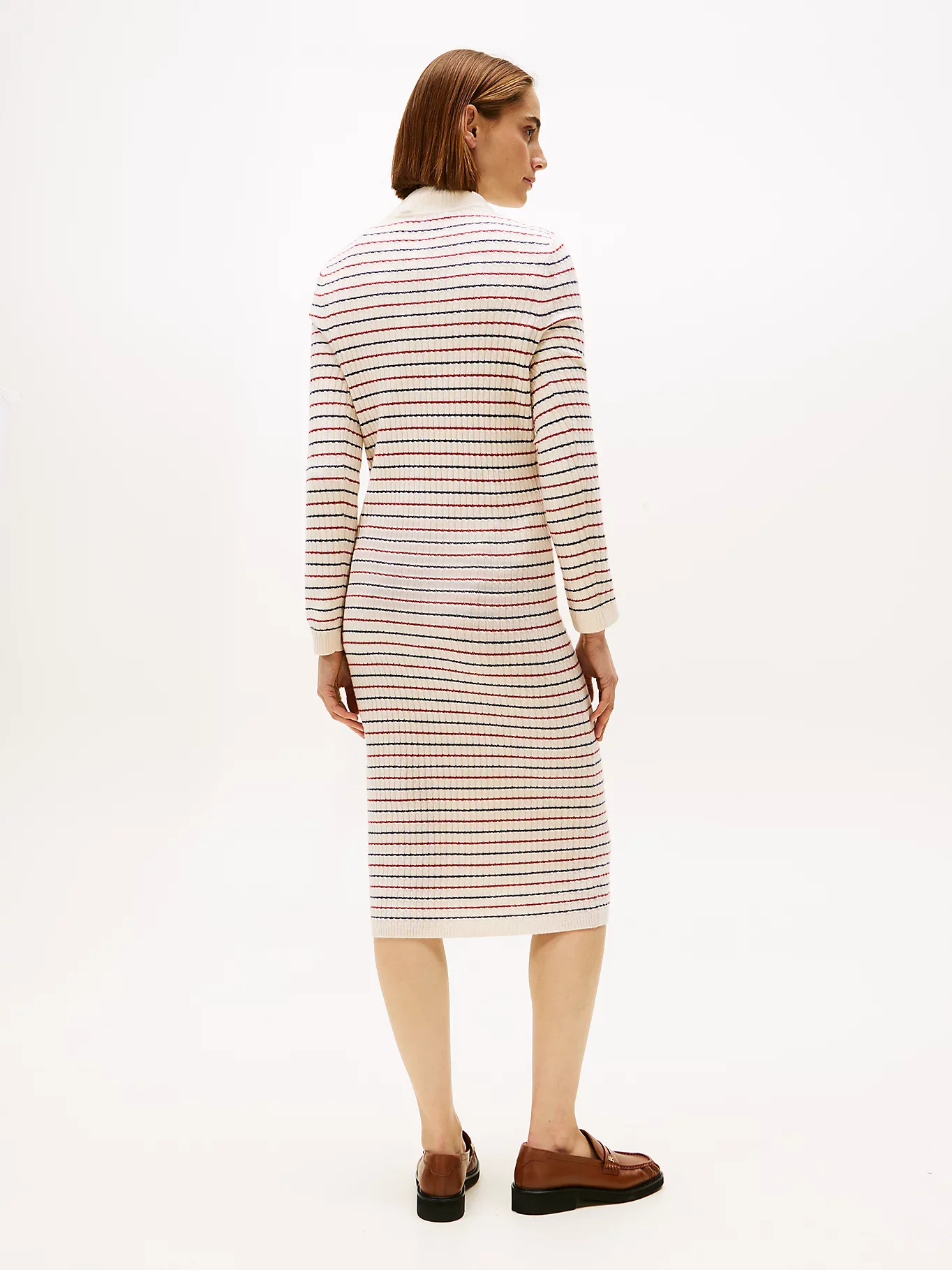 Tommy Hilfiger Yün Kaşmir Karışımlı Saç Örgülü Yarım Balıkçı Yaka Uzun Kollu Kadın Beyaz Elbise WW0WW464300FH