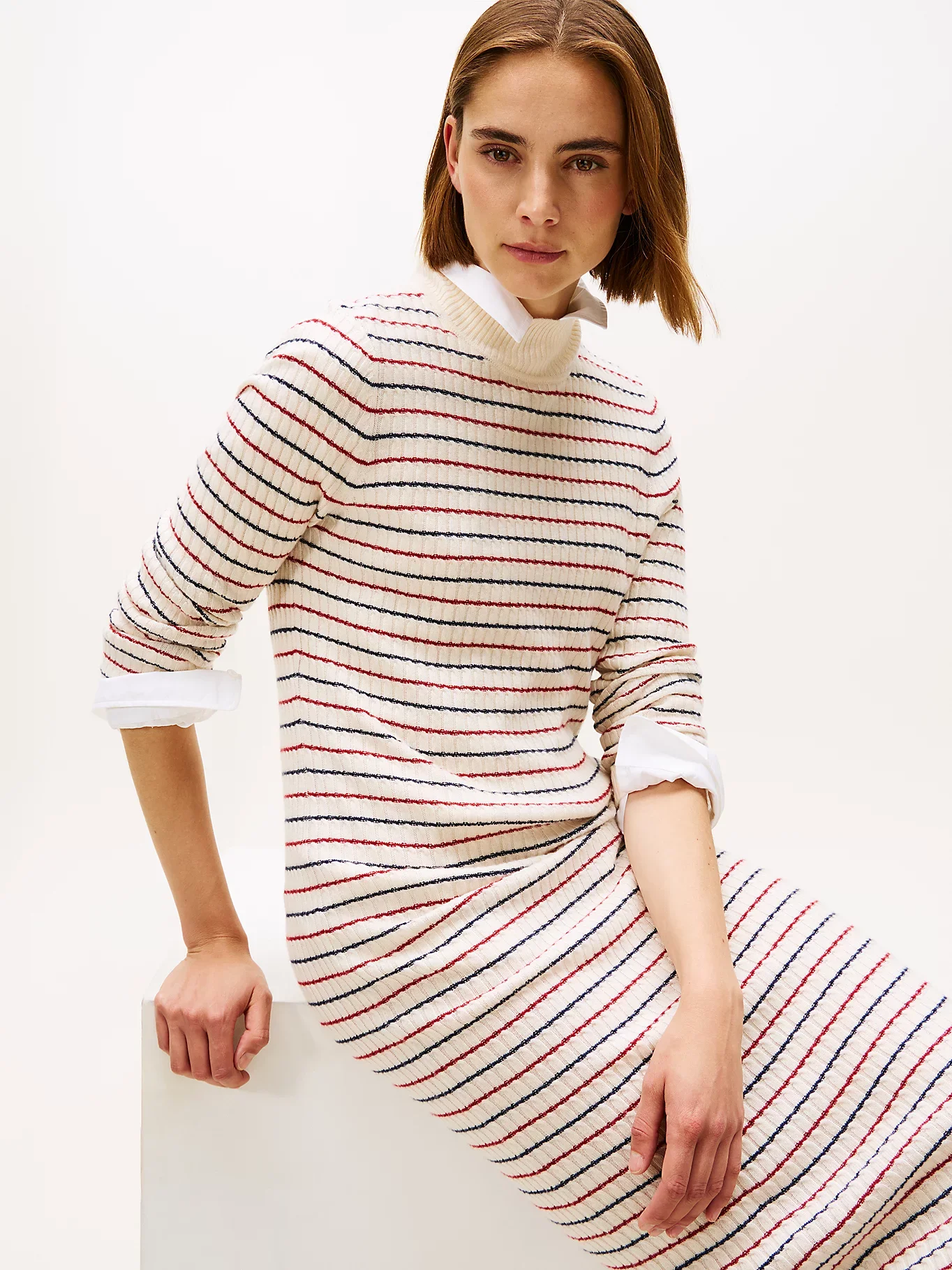 Tommy Hilfiger Yün Kaşmir Karışımlı Saç Örgülü Yarım Balıkçı Yaka Uzun Kollu Kadın Beyaz Elbise WW0WW464300FH