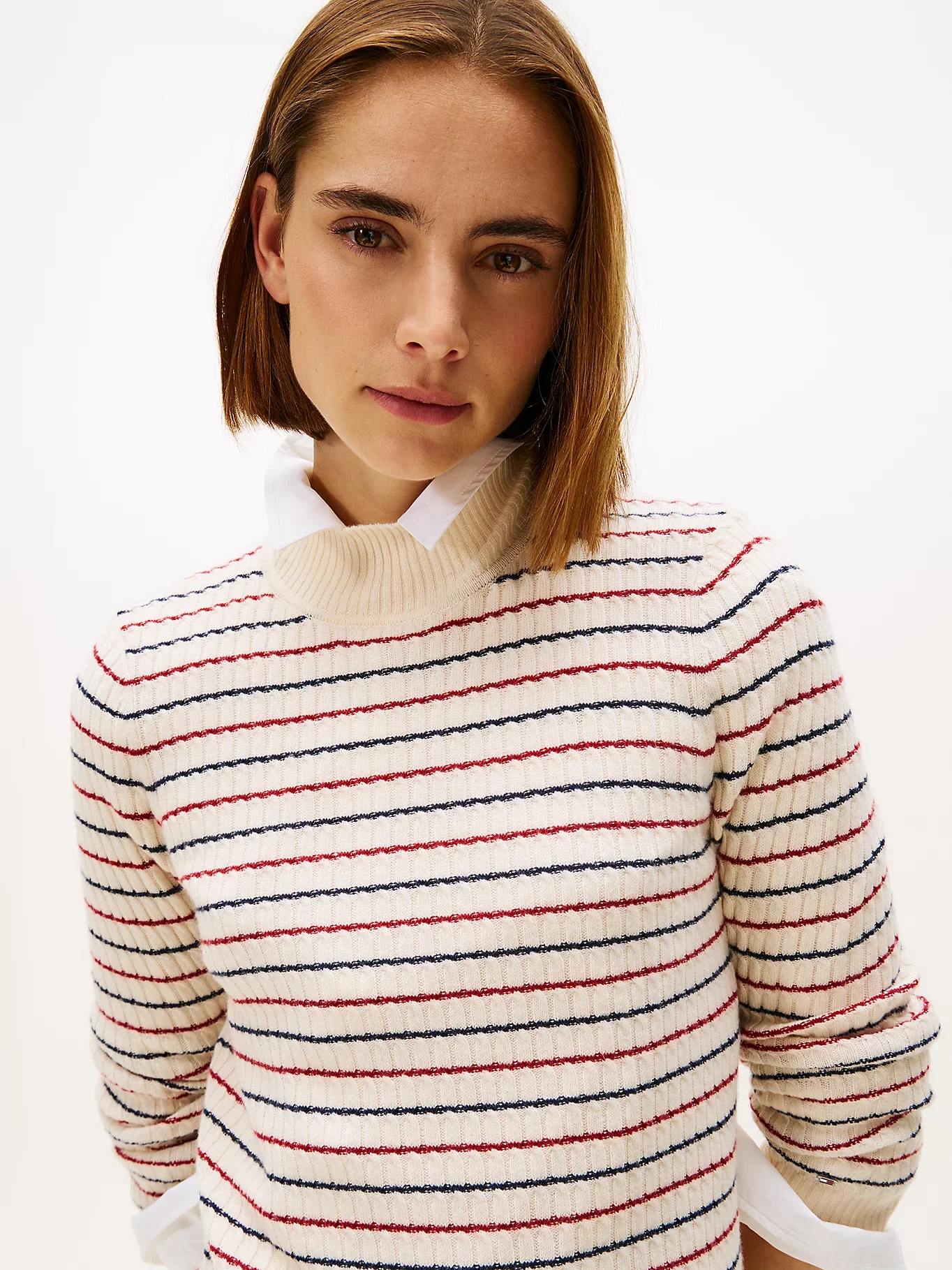 Tommy Hilfiger Yün Kaşmir Karışımlı Saç Örgülü Yarım Balıkçı Yaka Uzun Kollu Kadın Beyaz Elbise WW0WW464300FH