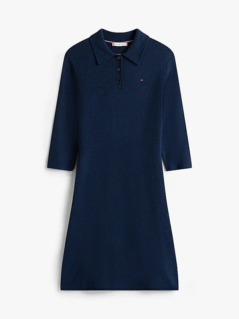 Tommy Hilfiger Yün Kaşmir Karışımlı Saç Örgülü Yarım Balıkçı Yaka Uzun Kollu Kadın Mavi Elbise WW0WW46430C1G