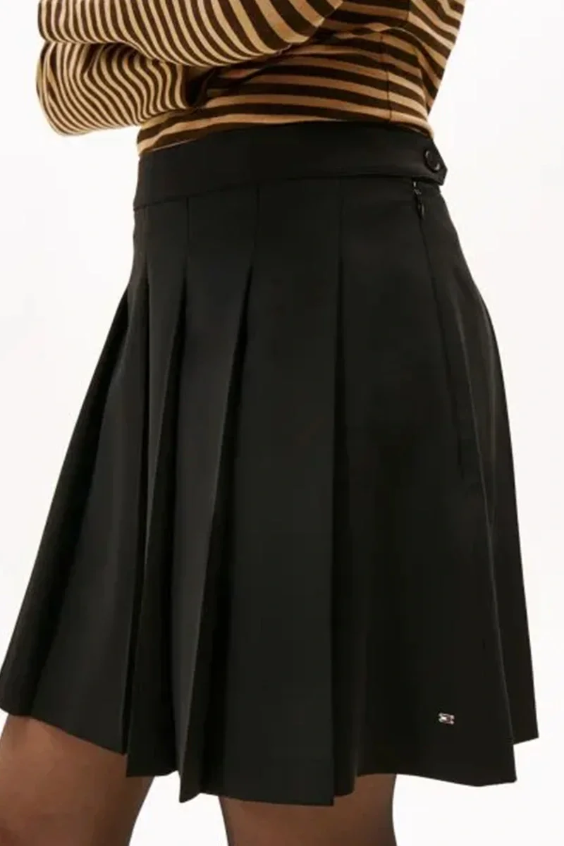 Tommy Hilfiger Zamansız Yün Pileli Mini Kadın Siyah  Etek WW0WW48354BDS