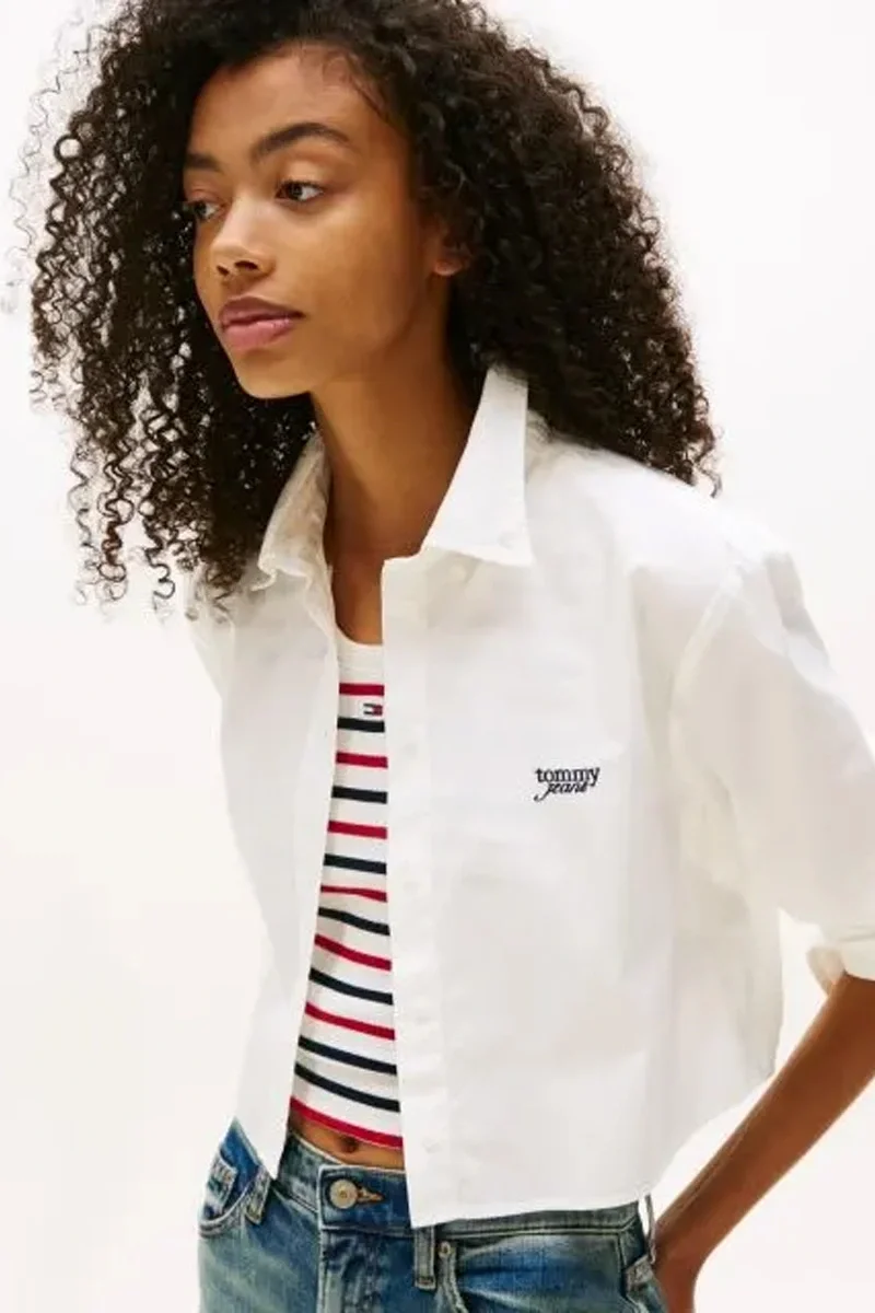 Tommy Hilfiger Kadın Çizgili Kısa Poplin Beyaz Gömlek DW0DW21400YBL