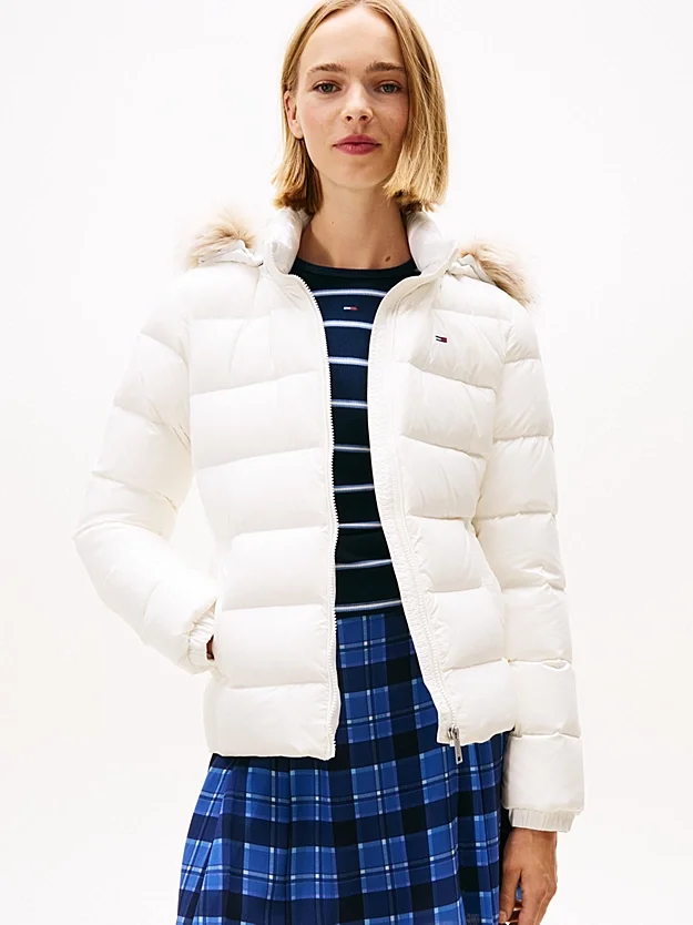 Tommy Hilfiger TJW Basic Kapüşonlu Kuş Tüyü Kadın Beyaz  Mont  DW0DW18312YBL