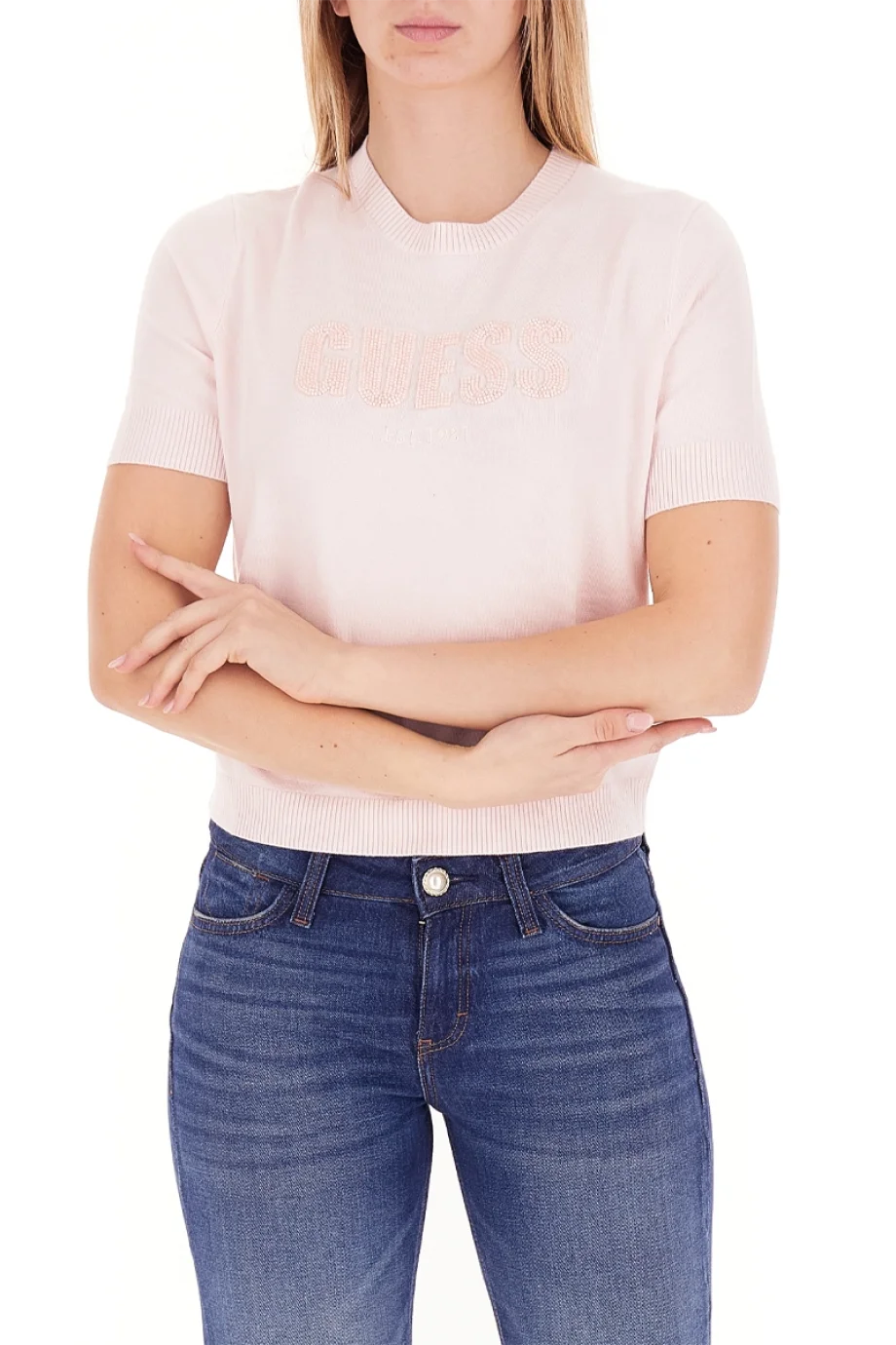 Guess Kısa Kollu Bisiklet Yaka Norah Logolu Triko Kadın Pembe Triko W6RR47Z2NQ2-A627