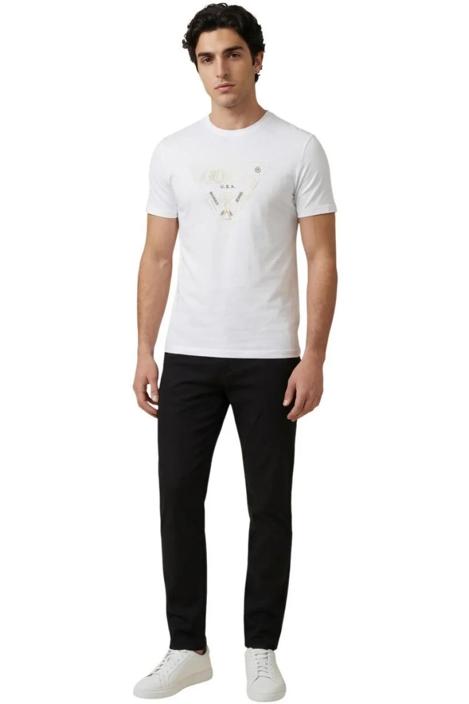 Guess Bisiklet Yaka Kısa Kollu Üçgen HD Çok Renkli Erkek Beyaz T-shirt M6GI11K2992-G011