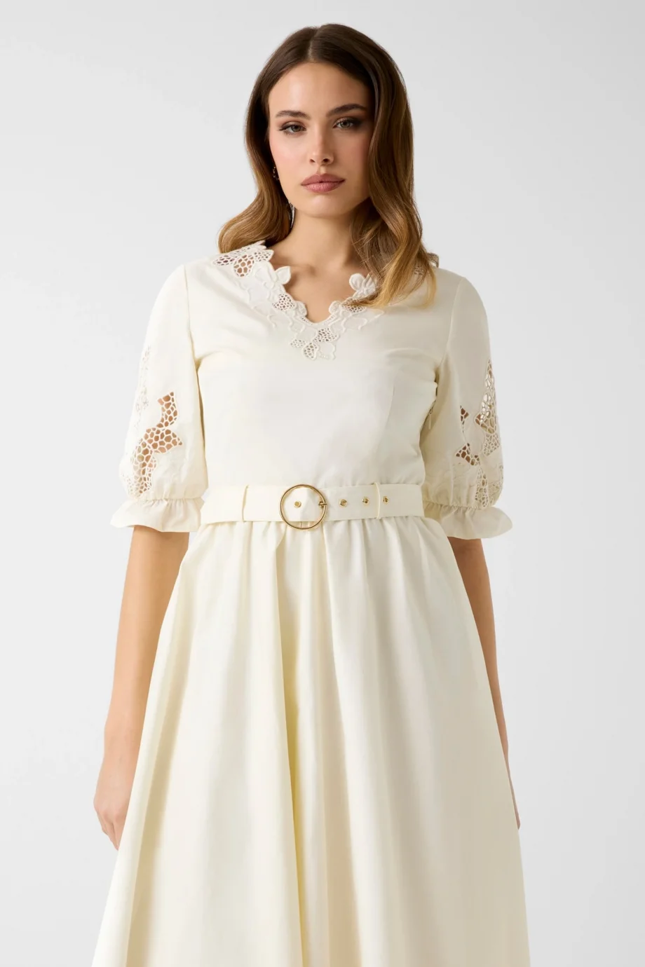 Guess Sonia Nakışlı Midi Kadın Krem Elbise W6GKAQW2716-G053