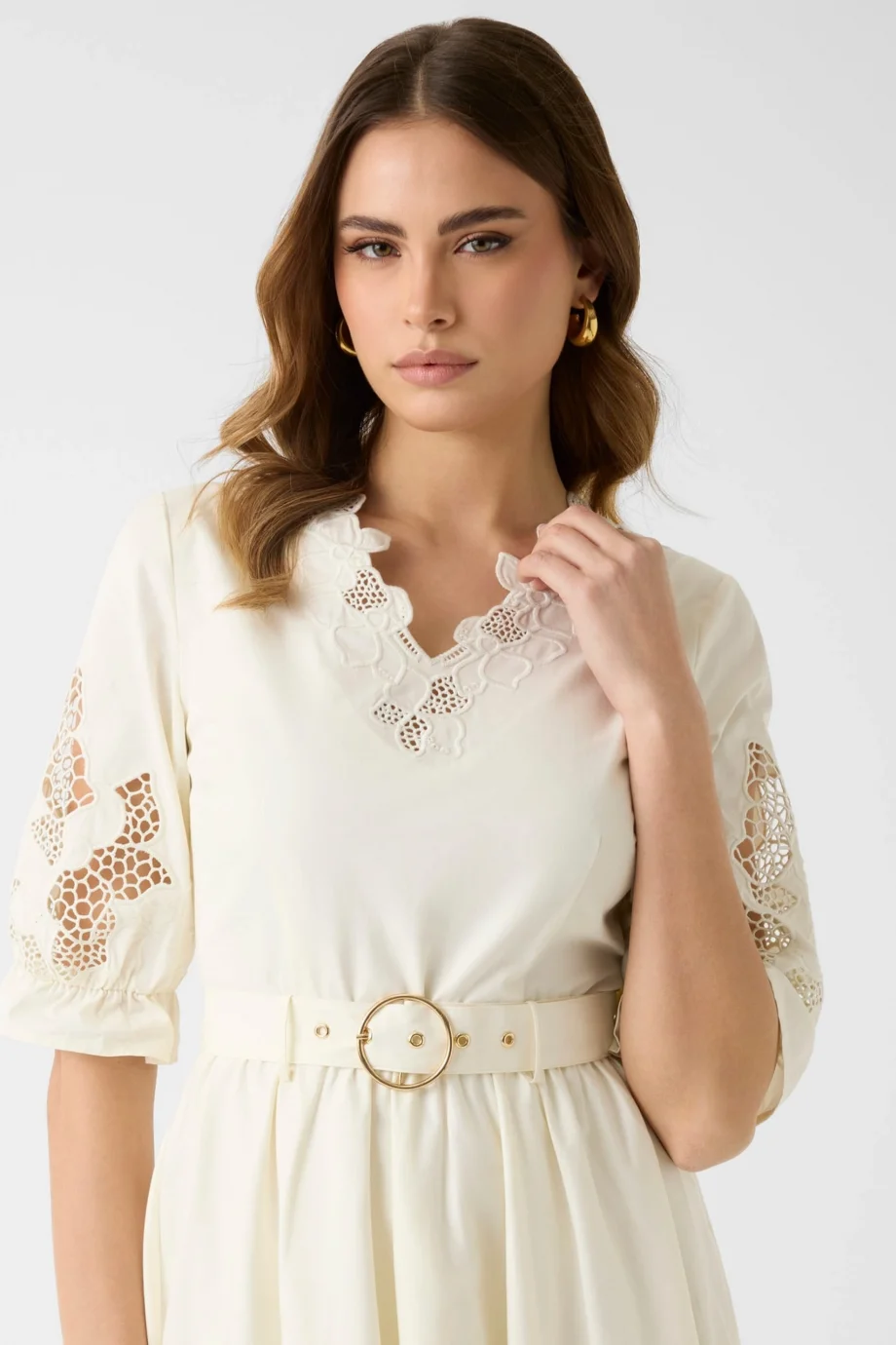 Guess Sonia Nakışlı Midi Kadın Krem Elbise W6GKAQW2716-G053