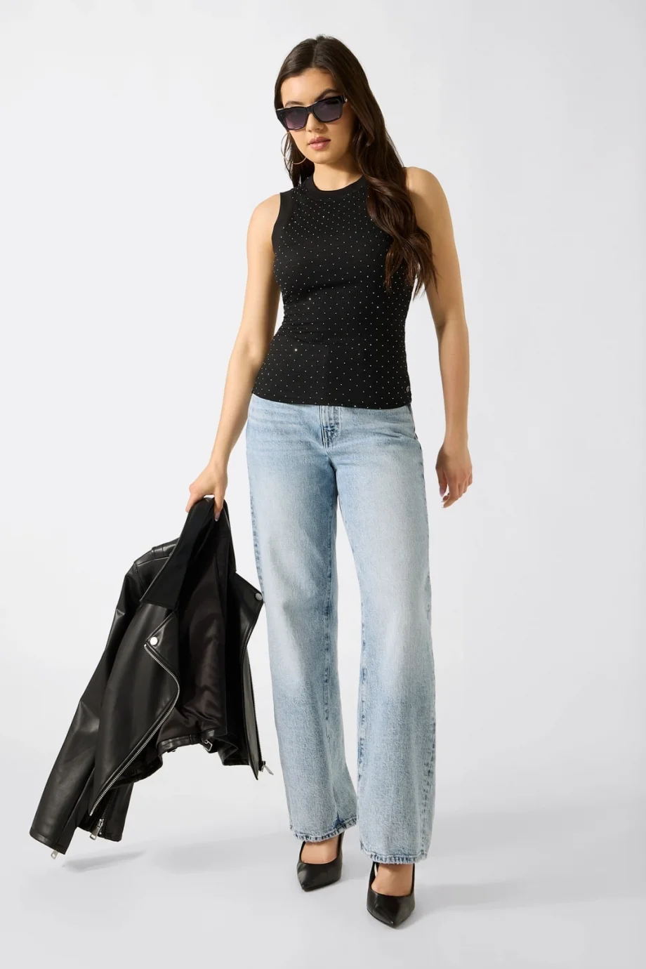 Guess Kolsuz Francine Büzgülü Taş İşlemeli Kadın Siyah Top W6GP14K2940-JBLK