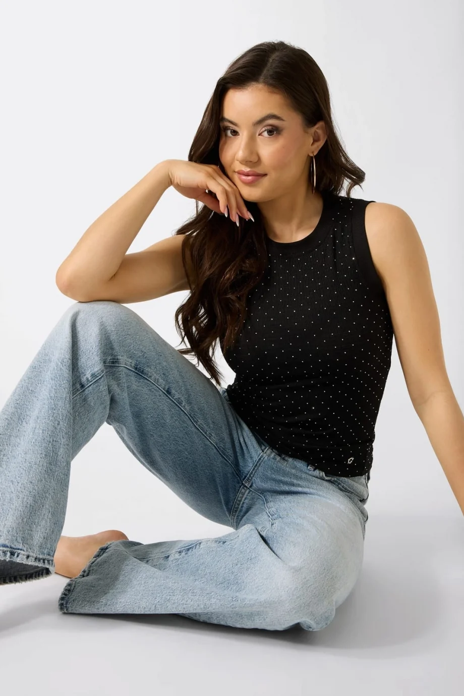 Guess Kolsuz Francine Büzgülü Taş İşlemeli Kadın Siyah Top W6GP14K2940-JBLK