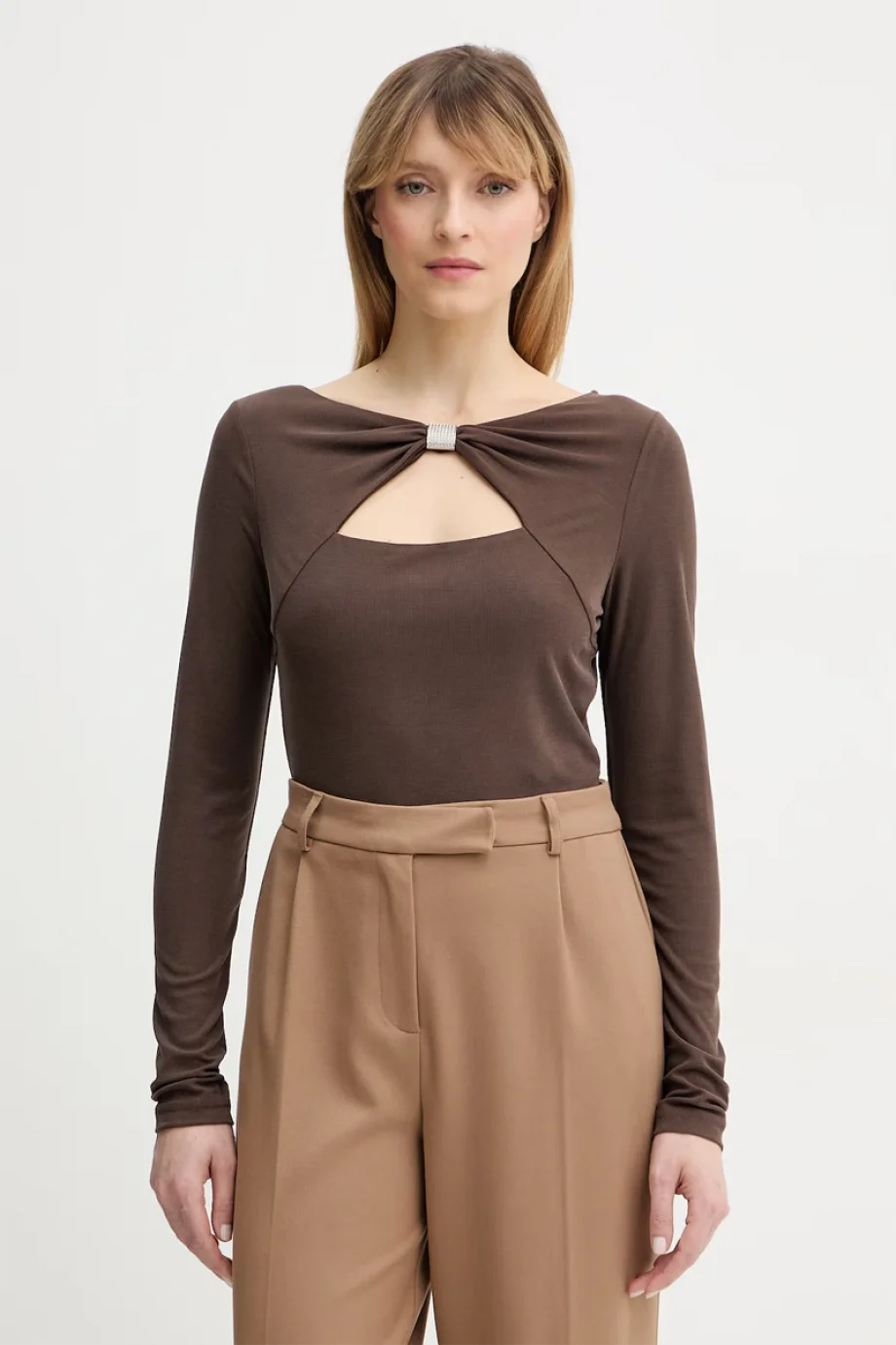 Guess Uzun Kollu Milena Önü Fiyonklu Kadın Kahverengi Top W6RP11KAQL2-G1EA