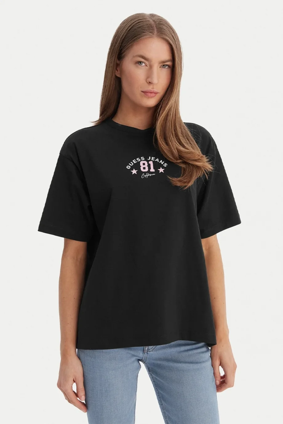 Guess GJ Kısa Kollu Bisiklet Yaka Büyük Beden 81 Yıldız Kadın Siyah T-shirt W6RI20K8HM0-JBLK