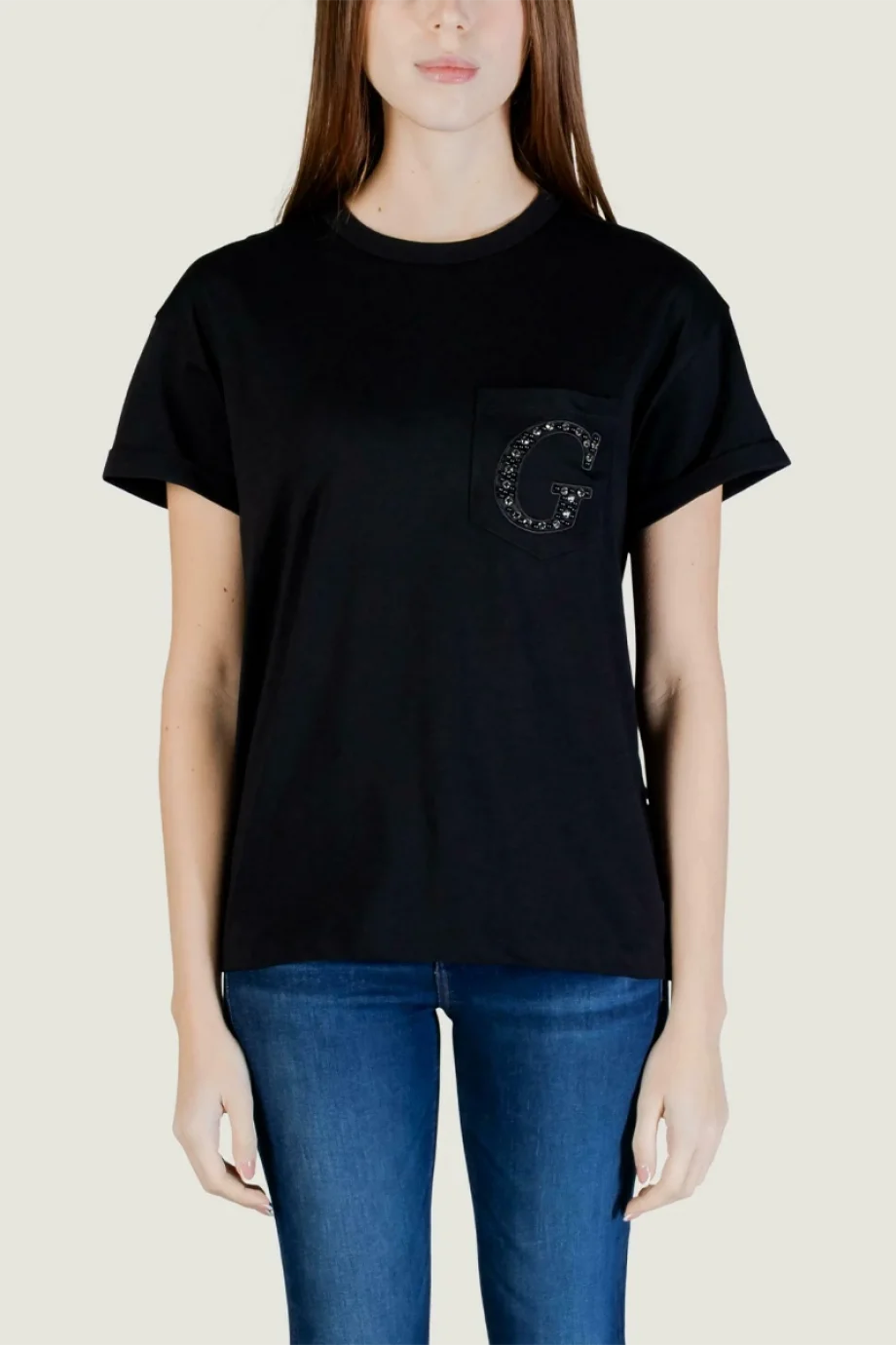 Guess Kısa Kollu Bisiklet Yaka Cepli G Logolu Kadın Siyah T-shirt W6GI17K3037-JBLK