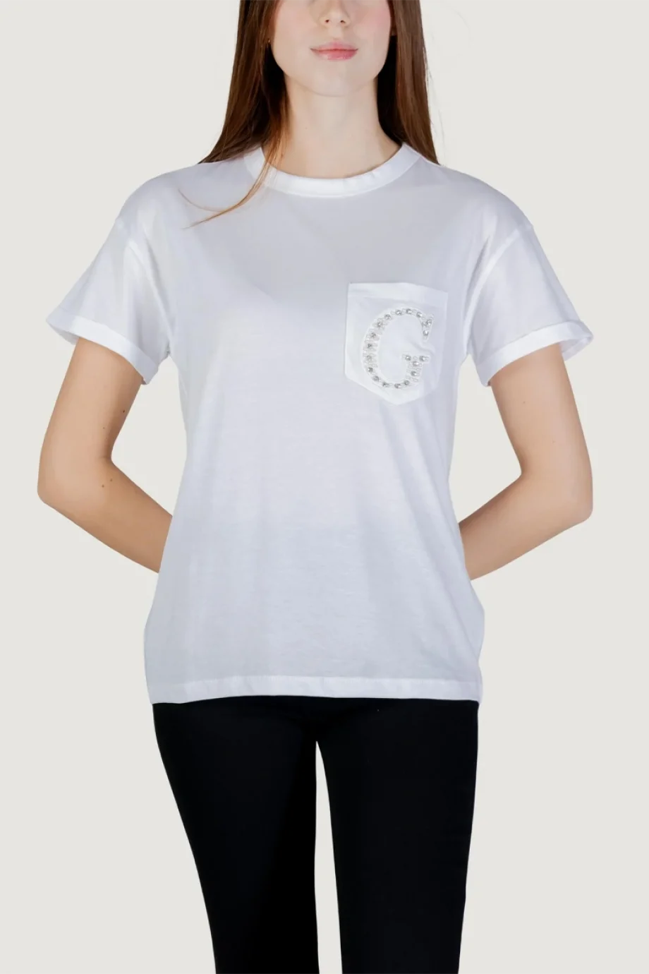 Guess Kısa Kollu Bisiklet Yaka Cepli G Logolu Kadın Beyaz T-shirt W6GI17K3037-G011