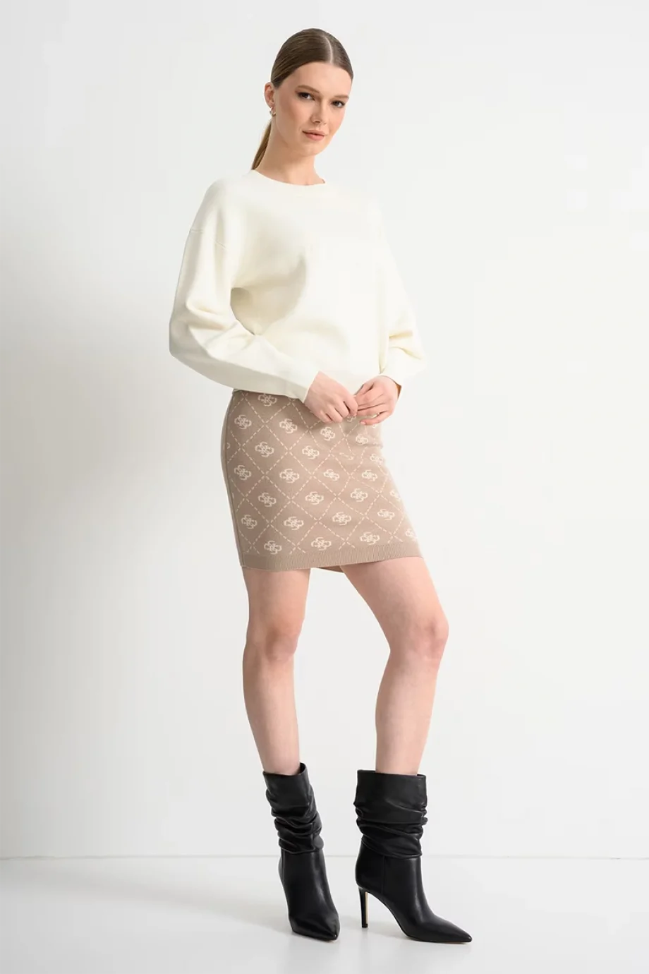 Guess Uzun Kollu Bisiklet Yaka Parker 4G Logolu Triko Kadın Beyaz Triko W6RR48Z26I2-G047