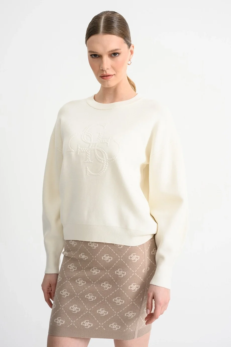 Guess Uzun Kollu Bisiklet Yaka Parker 4G Logolu Triko Kadın Beyaz Triko W6RR48Z26I2-G047