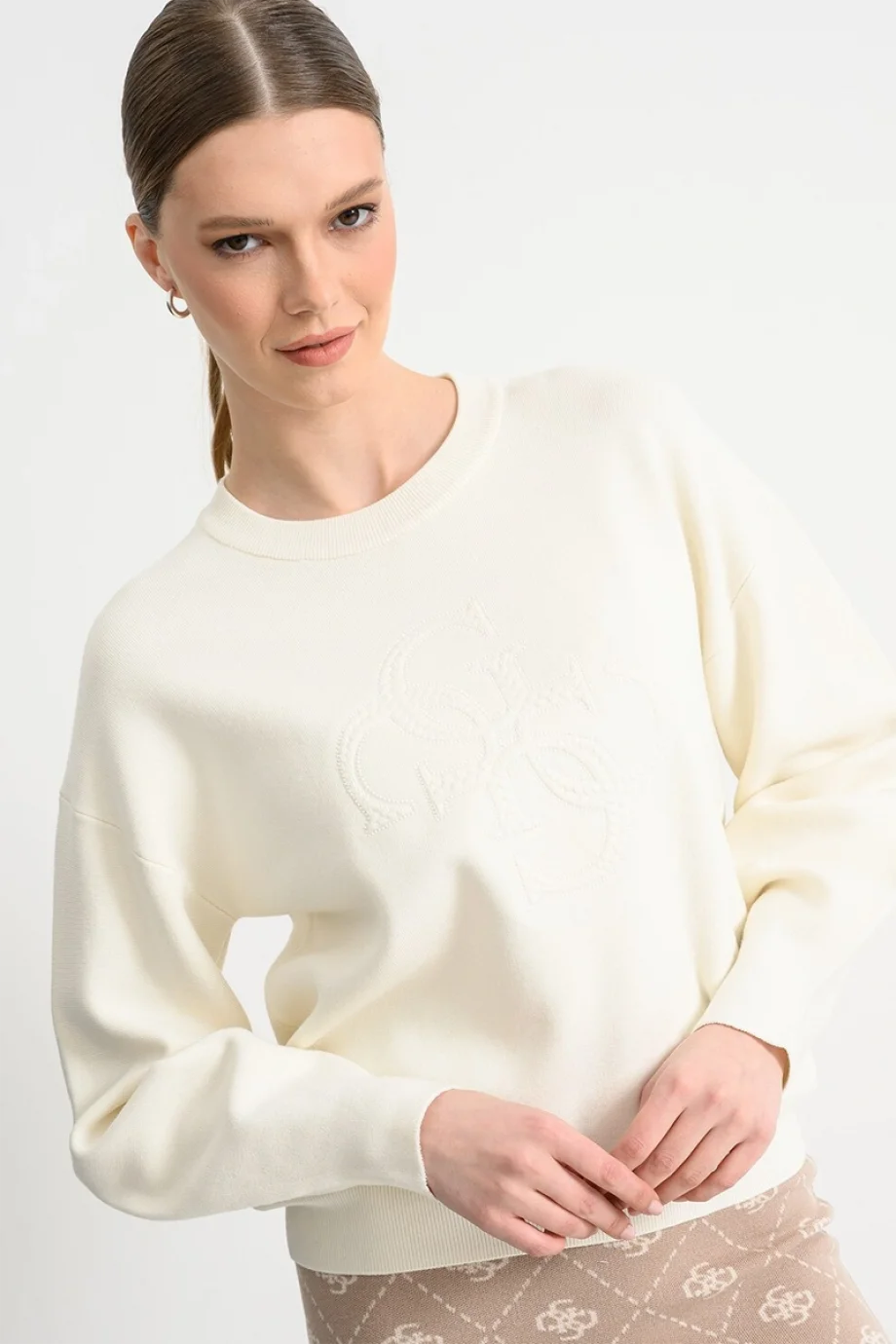 Guess Uzun Kollu Bisiklet Yaka Parker 4G Logolu Triko Kadın Beyaz Triko W6RR48Z26I2-G047