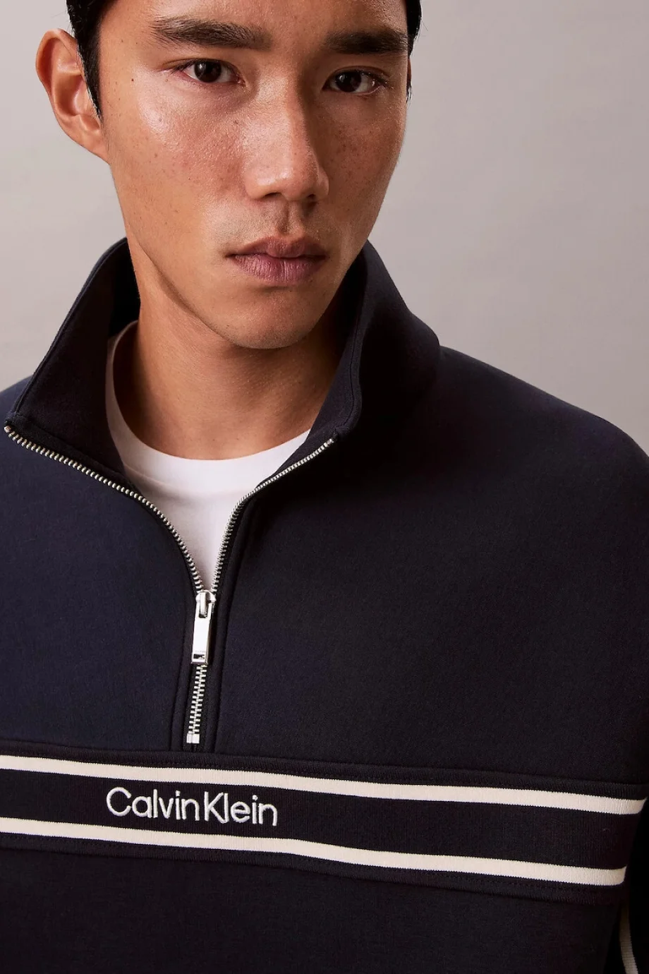 Calvin Klein Uzun Kollu Pamuklu Spacer Çizgili Fitilli Yarım Fermuarlı Erkek Siyah Sweatshirt LV04RE221G-CEF