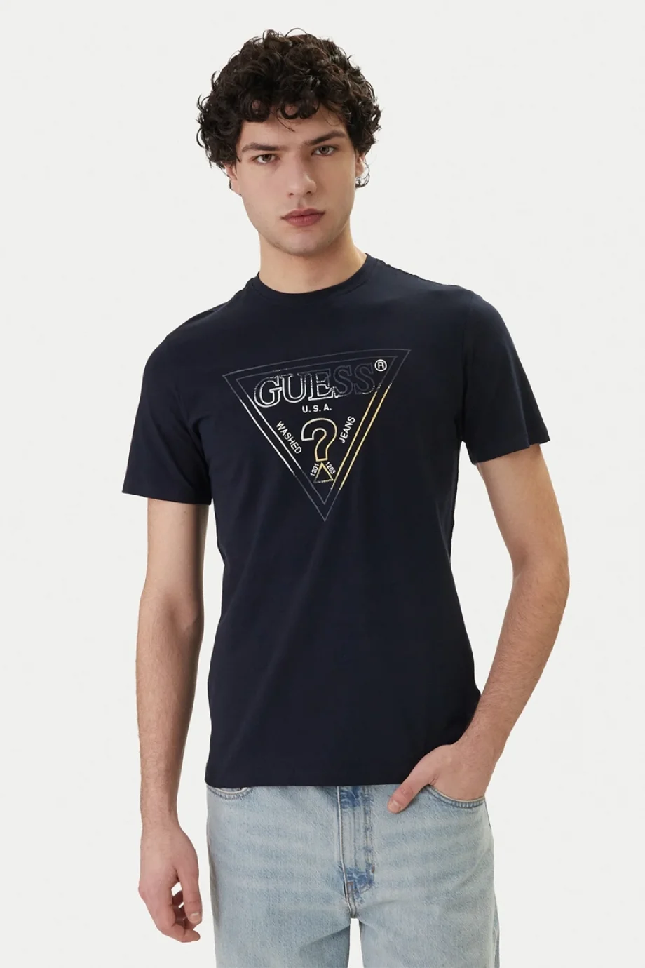 Guess Bisiklet Yaka Kısa Kollu Üçgen HD Çok Renkli Erkek Lacivert T-shirt M6GI11K2992-G7V2