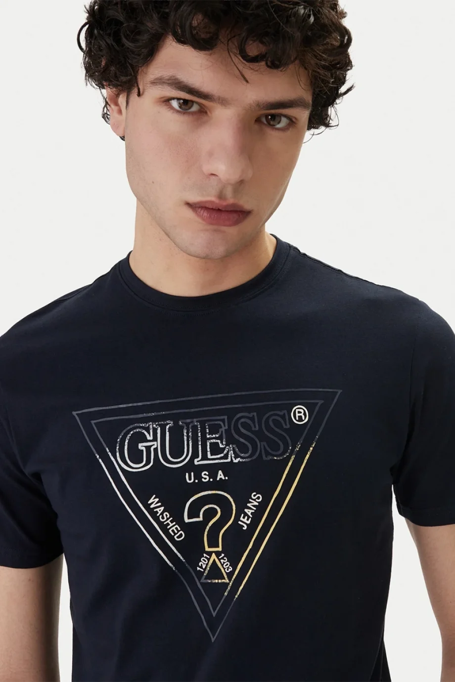 Guess Bisiklet Yaka Kısa Kollu Üçgen HD Çok Renkli Erkek Lacivert T-shirt M6GI11K2992-G7V2