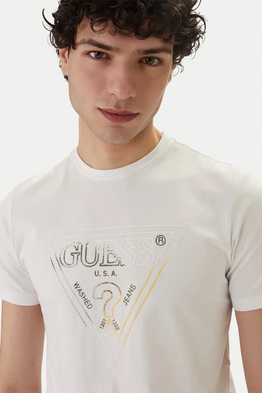 Guess Bisiklet Yaka Kısa Kollu Üçgen HD Çok Renkli Erkek Beyaz T-shirt M6GI11K2992-G011