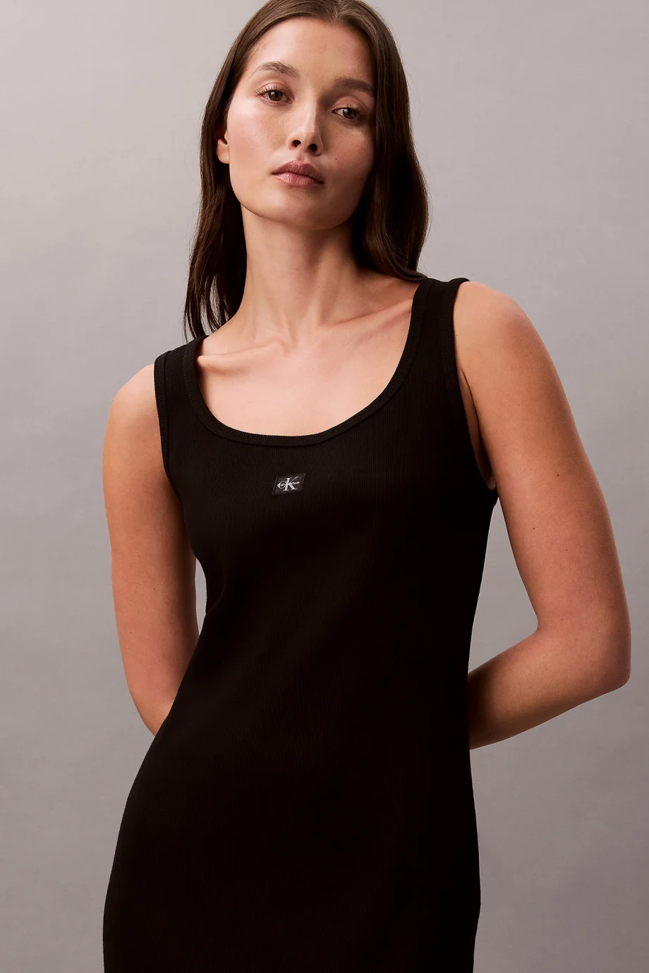 Calvin Klein Kolsuz Bebek Fitilli Dokuma Etiketli Kare Yaka Kadın Siyah Elbise LV047F257G-UB1