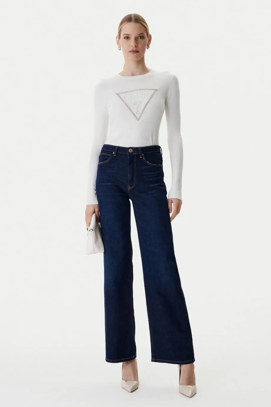 Guess Uzun Kollu Bisiklet Yaka Sasha Üçgen Logolu Triko Kadın Beyaz Triko W6RR49Z2NQ2-G012