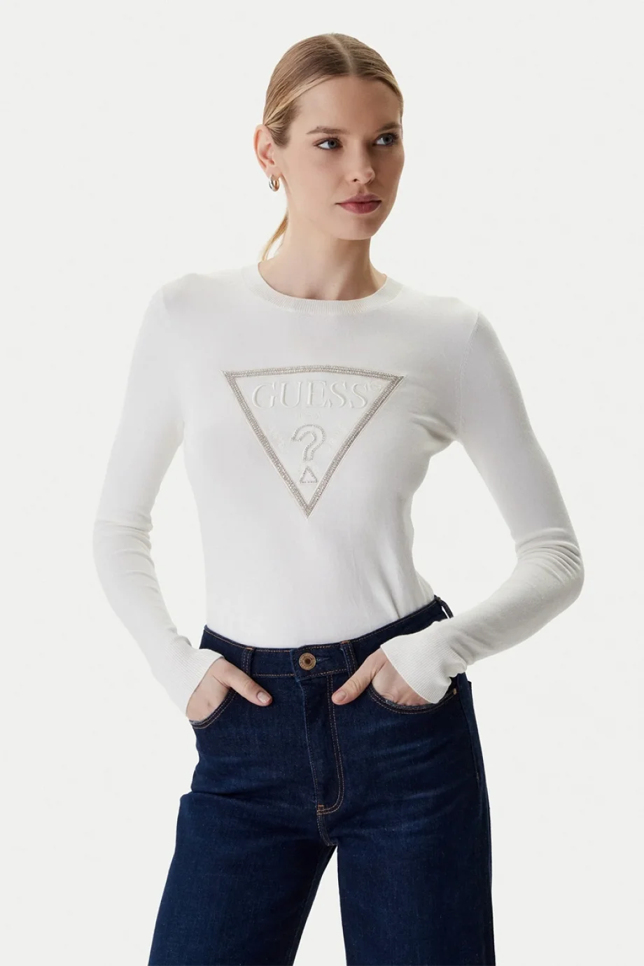 Guess Uzun Kollu Bisiklet Yaka Sasha Üçgen Logolu Triko Kadın Beyaz Triko W6RR49Z2NQ2-G012