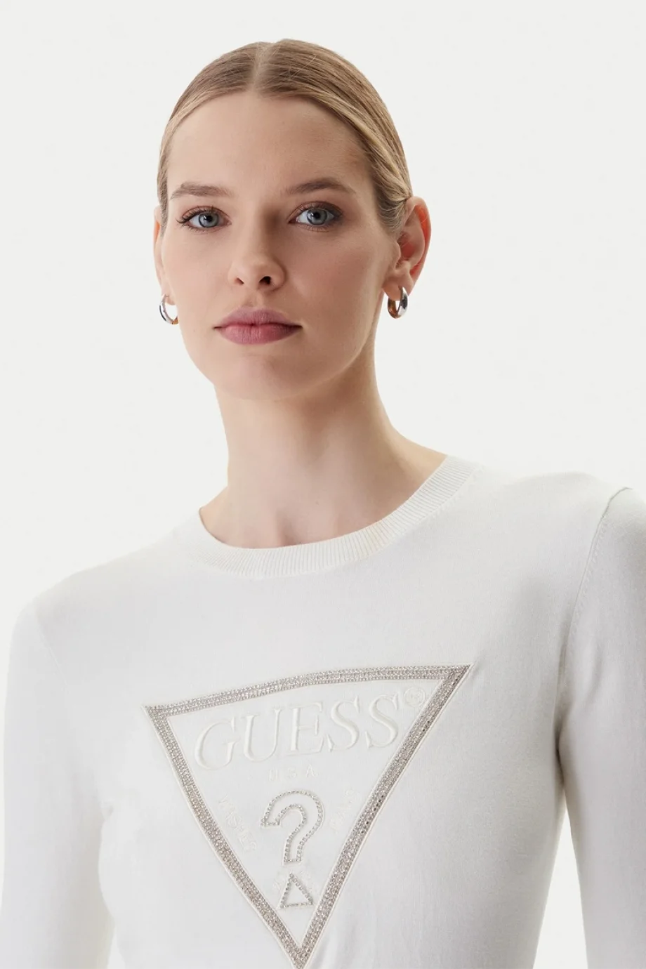 Guess Uzun Kollu Bisiklet Yaka Sasha Üçgen Logolu Triko Kadın Beyaz Triko W6RR49Z2NQ2-G012