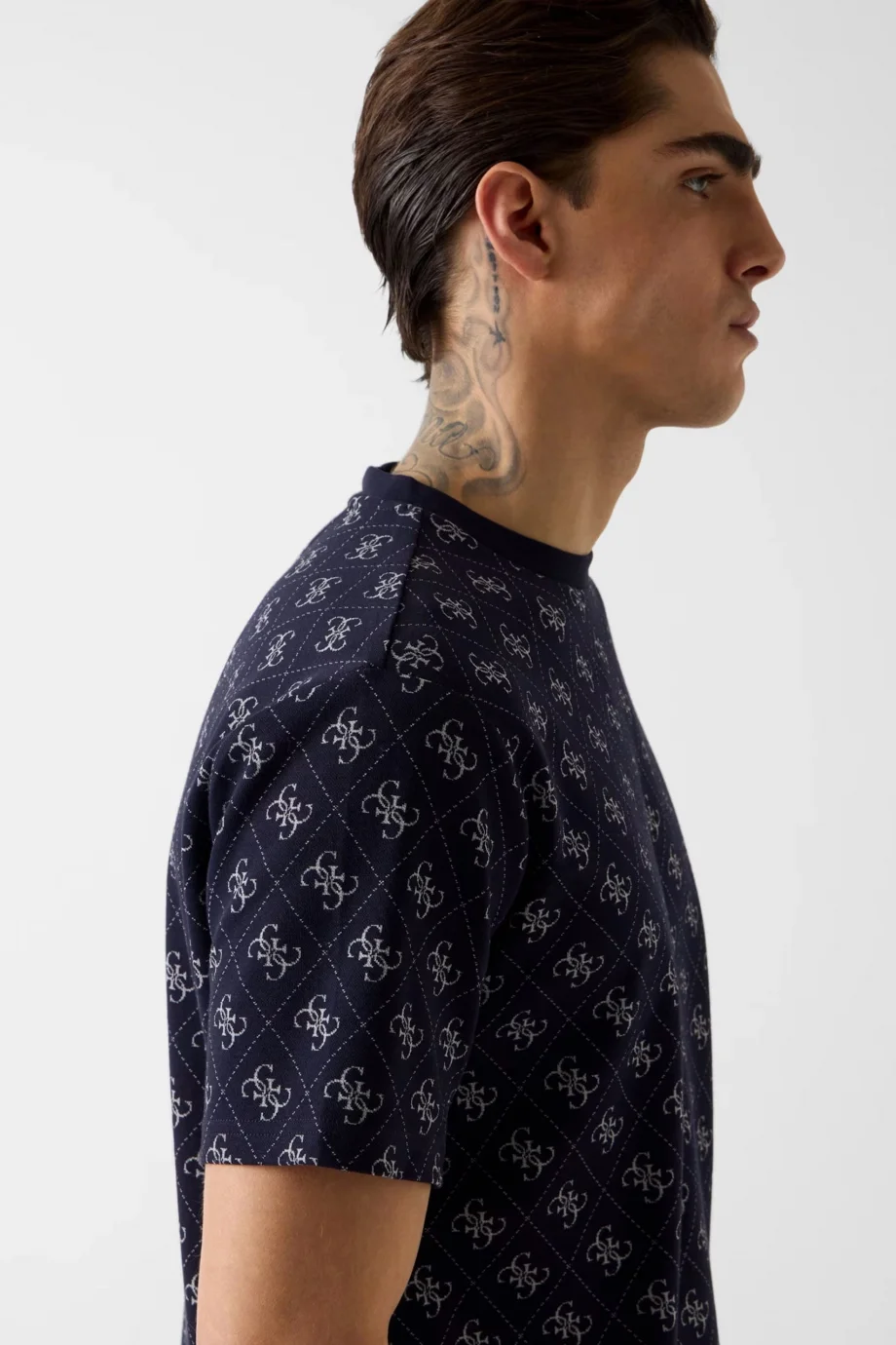 Guess Bisiklet Yaka Kısa Kollu Jakarlı 4G Örme Erkek Lacivert Top M6GP34K3200-FBDB