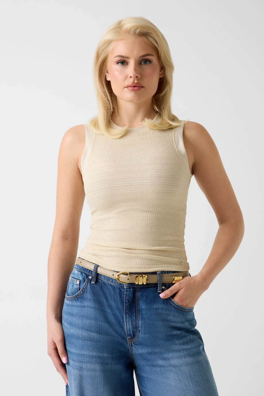 Guess Kolsuz Francine Büzgülü Taş İşlemeli Kadın Beyaz Top W6GP14K2940-F1CY