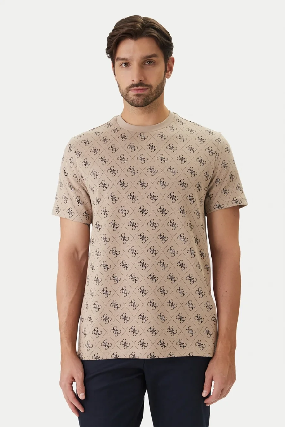 Guess Bisiklet Yaka Kısa Kollu Jakarlı 4G Örme Erkek Bej Top M6GP34K3200-FMAZ