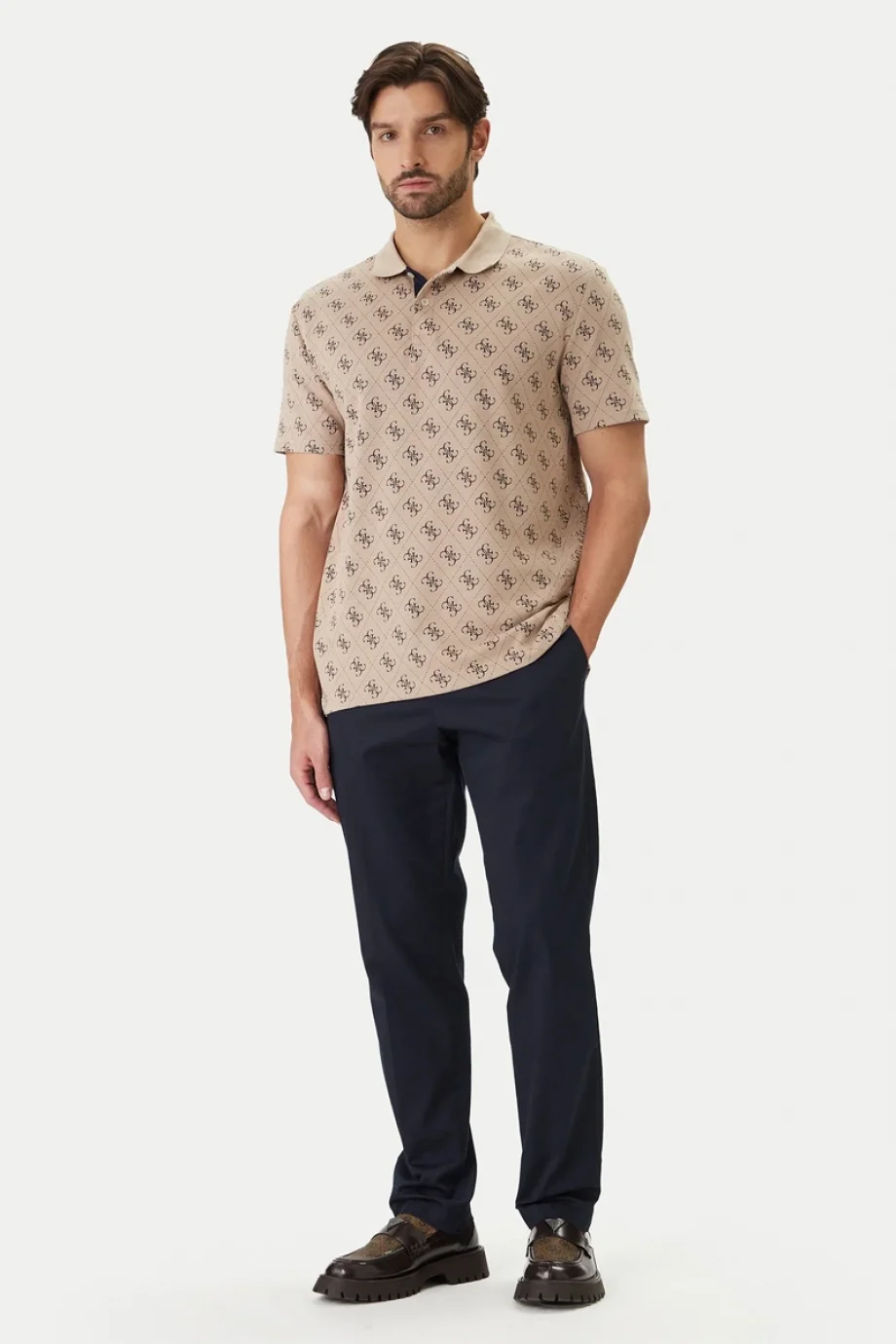 Guess Kısa Kollu Tamamı 4G Jakarlı Polo Yakalı Erkek Bej Polo T-shirt M6GP04K3073-FMAZ