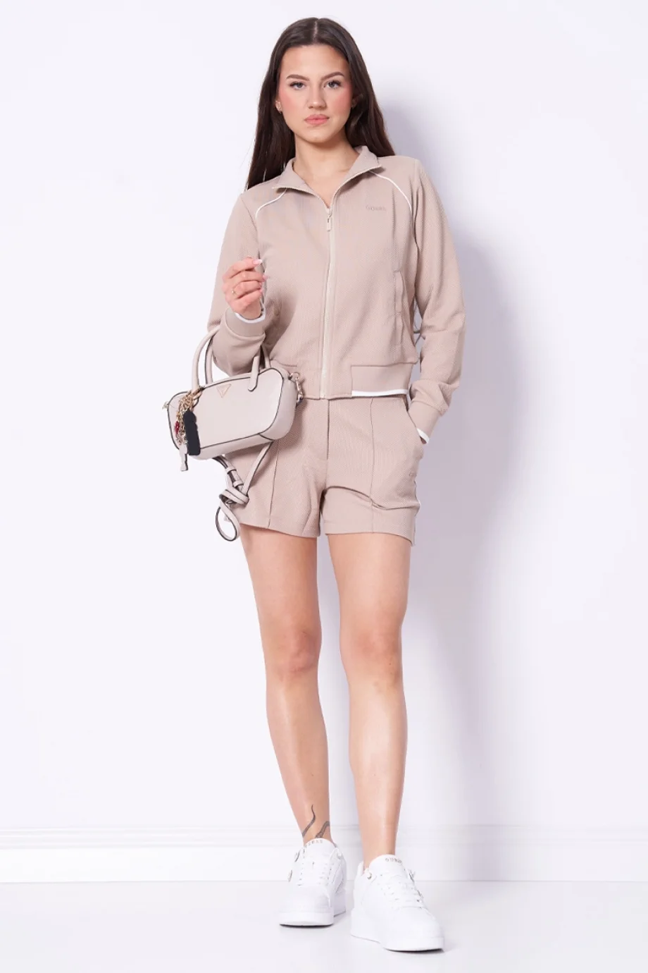 Guess Sarah Pike Hakim Yaka Tam Fermuarlı Kadın Bej Eşofman Üstü V6GQ05K2916-G1BW