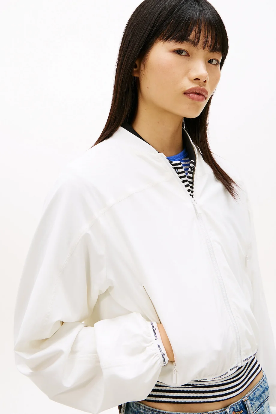 Tommy Hilfiger TJW Logolu Biyeli Bomber Kadın Beyaz Ceket DW0DW22323YBL