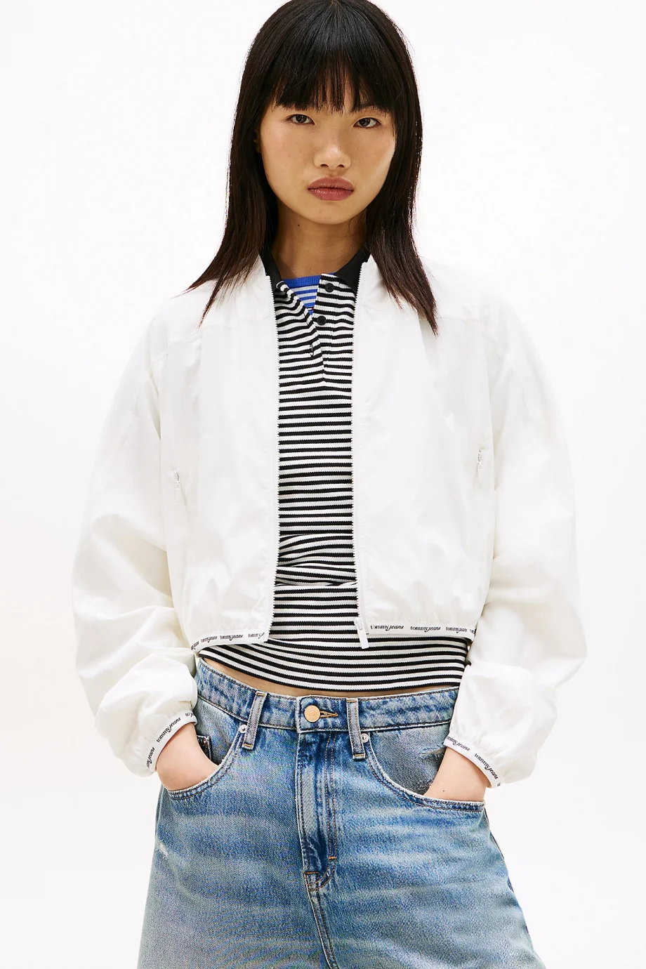 Tommy Hilfiger TJW Logolu Biyeli Bomber Kadın Beyaz Ceket DW0DW22323YBL