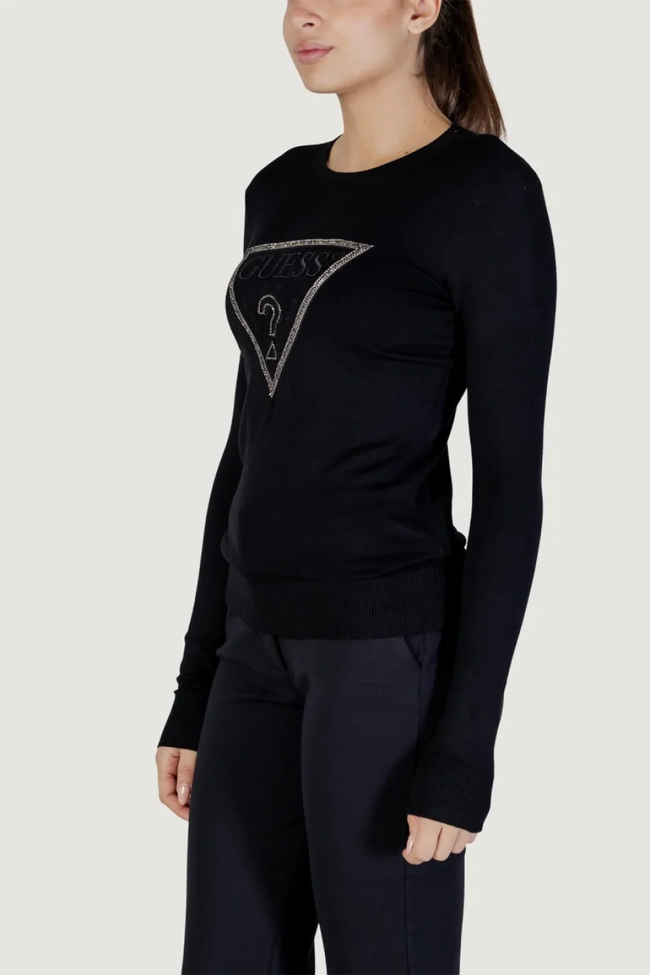 Guess Uzun Kollu Bisiklet Yaka Sasha Üçgen Logolu Triko Kadın Siyah Triko W6RR49Z2NQ2-JBLK