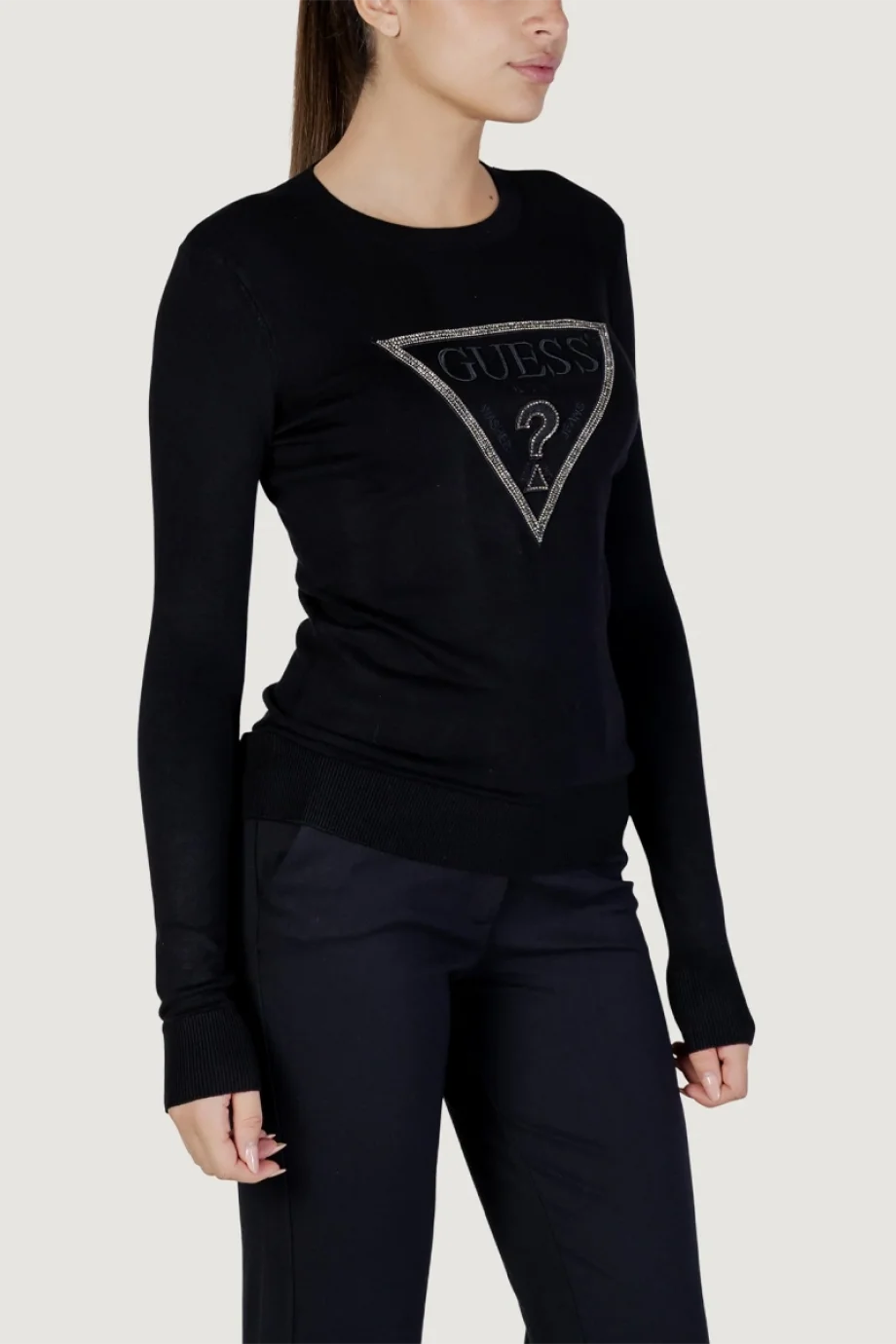 Guess Uzun Kollu Bisiklet Yaka Sasha Üçgen Logolu Triko Kadın Siyah Triko W6RR49Z2NQ2-JBLK
