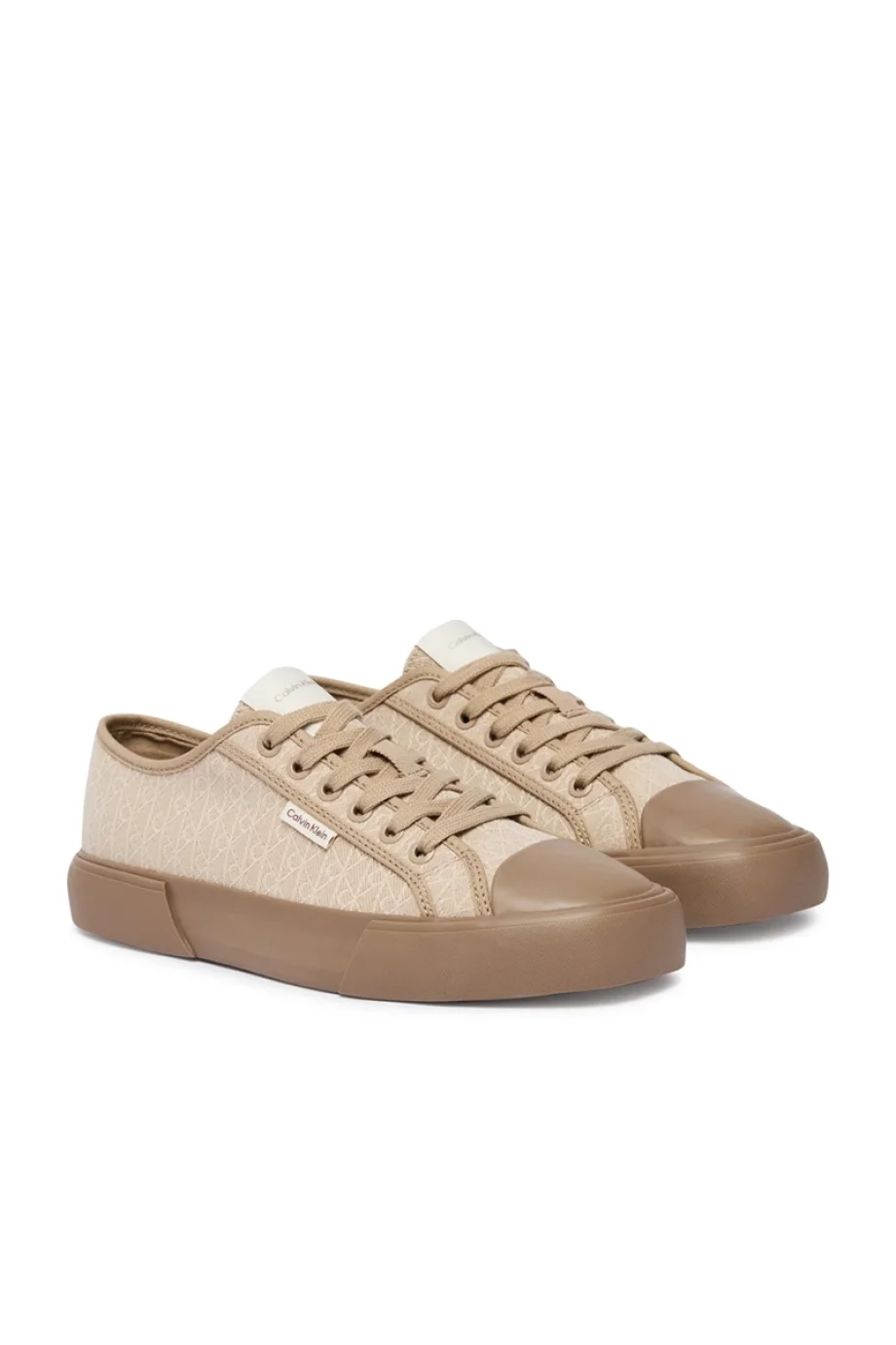 Calvin Klein Vulkanize Düşük Bilekli Bağcıklı Tamamı Baskılı Kanvas Kadın Bej Sneaker HW0HW03142-A04