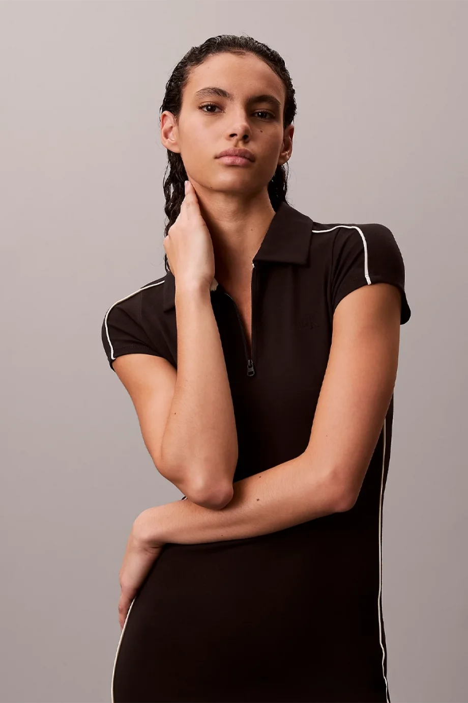 Calvin Klein Teknik Örme Polo Mini Kadın Siyah Elbise YW0YW01763-01W