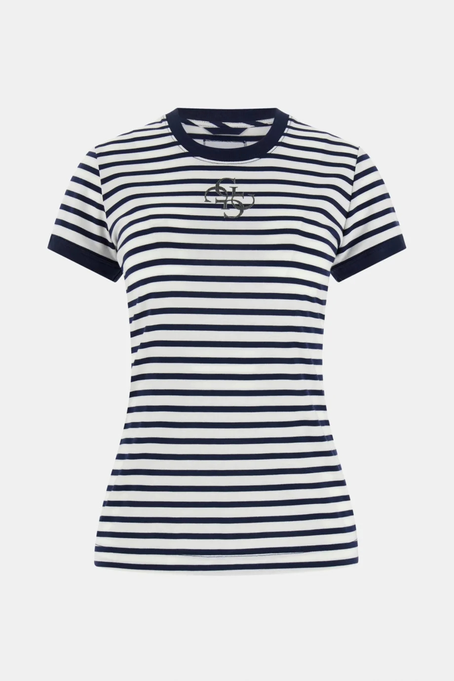 Guess Kısa Kollu Bisiklet Yaka Çizgili Mini 4G Logolu Kadın Mavi T-shirt W6GI18K3040-SM1L