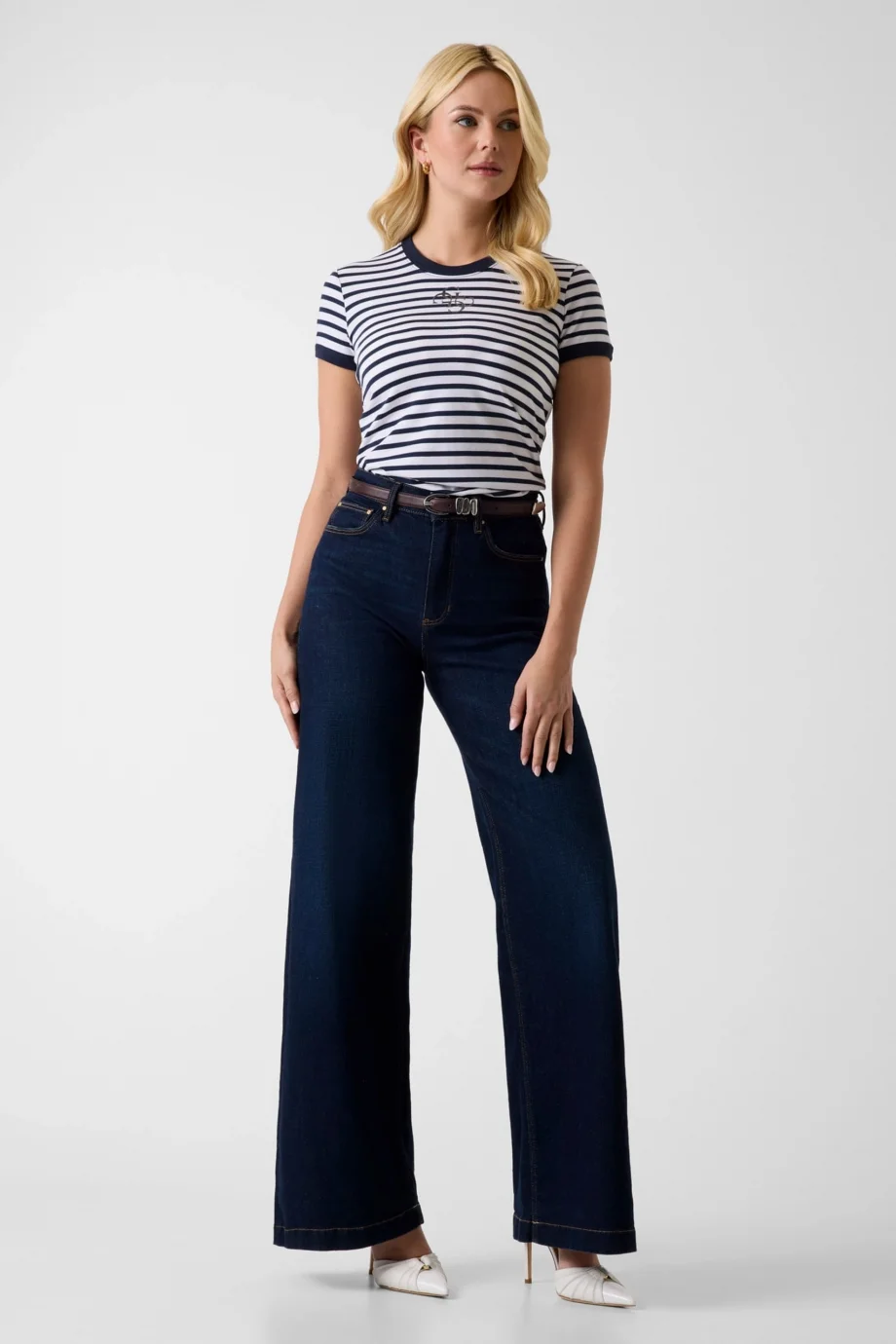 Guess Kısa Kollu Bisiklet Yaka Çizgili Mini 4G Logolu Kadın Mavi T-shirt W6GI18K3040-SM1L