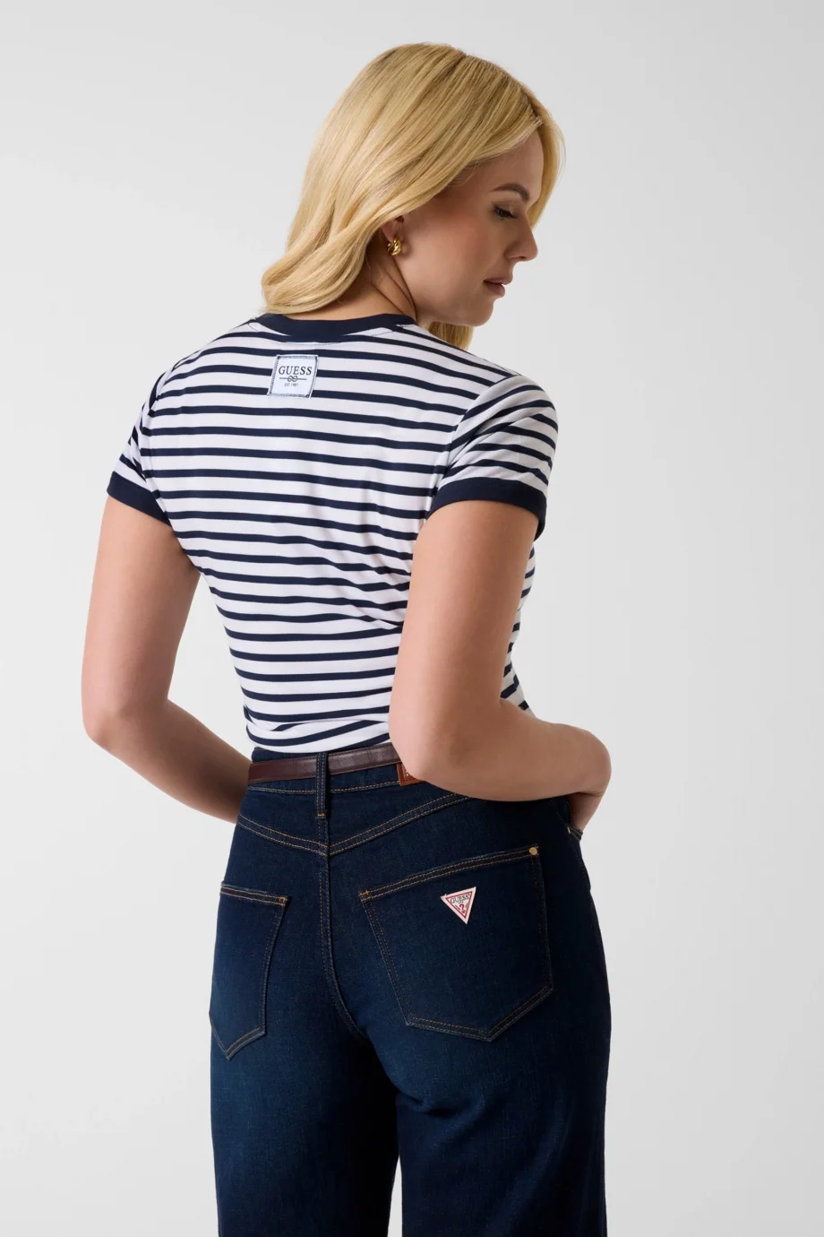 Guess Kısa Kollu Bisiklet Yaka Çizgili Mini 4G Logolu Kadın Mavi T-shirt W6GI18K3040-SM1L