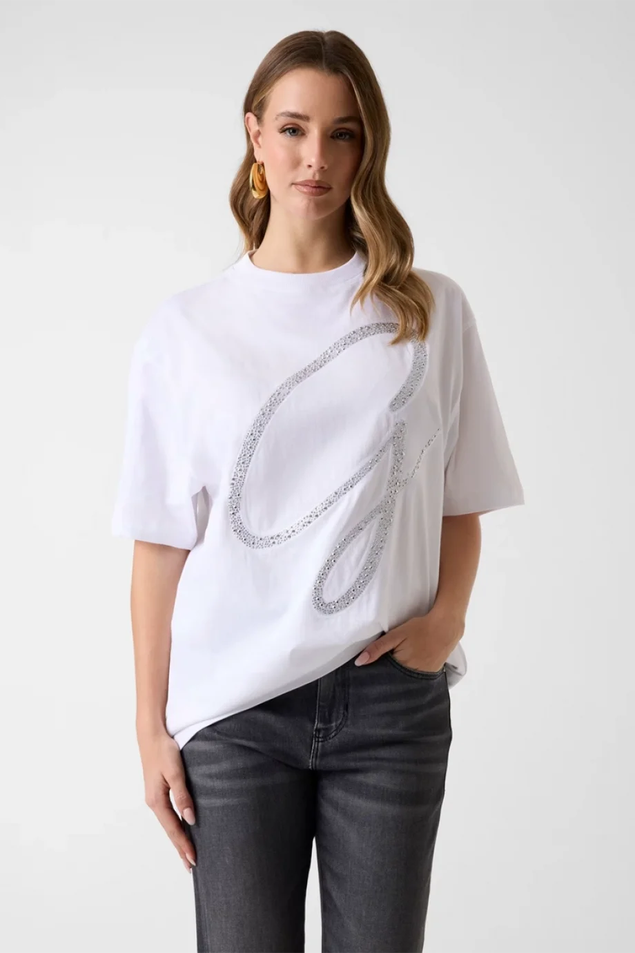 Guess Kısa Kollu Bisiklet Yaka Maxi G Zımbalı Kadın Beyaz T-shirt W6GI39K3478-G011