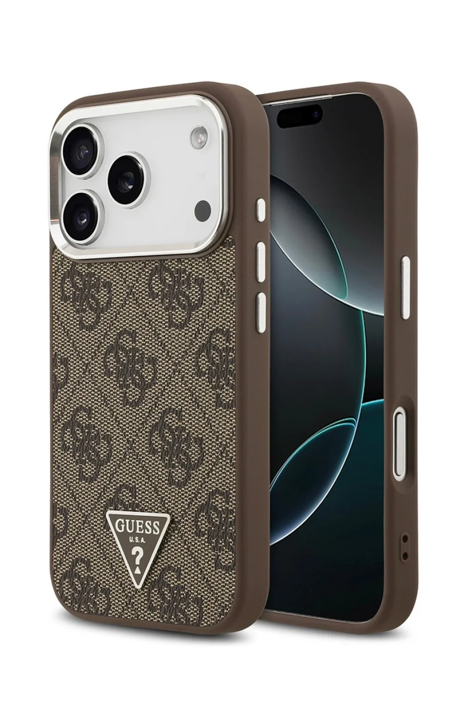 Guess MagSafe 4G PU Üçgen Logolu Kahverengi iPhone 17 Pro Kadın Siyah Telefon Kılıfı GUHMP17LP4TSRCMW