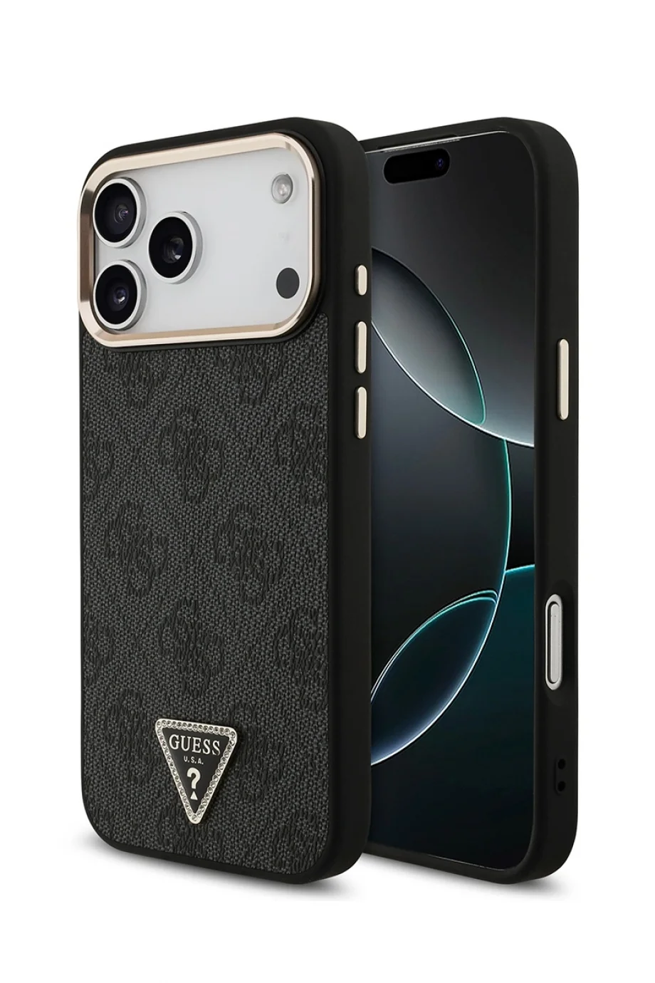 Guess MagSafe 4G PU Üçgen Logolu Altın Detaylı Siyah iPhone 17 Pro Max Kadın Siyah Telefon Kılıfı GUHMP17XP4GTDGMK